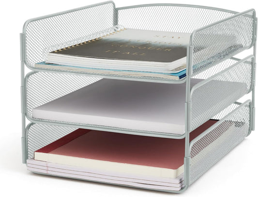 Safco Onyx Desktop Organizer, 3-Tier Paper Tray, Durable Steel Mesh Construction,Silver