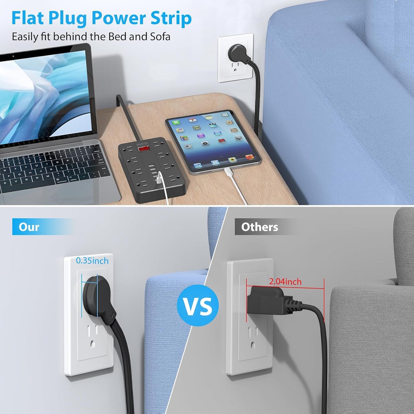 Power Strip with USB,SMNICE Surge Protector Flat Plug with 8 Widely-Spaced Outlets & 6 USB(1USB C) Ports, Wall Mountable 5ft Extension Cord for Smartphone Tablet Laptop Computer Multiple Devices