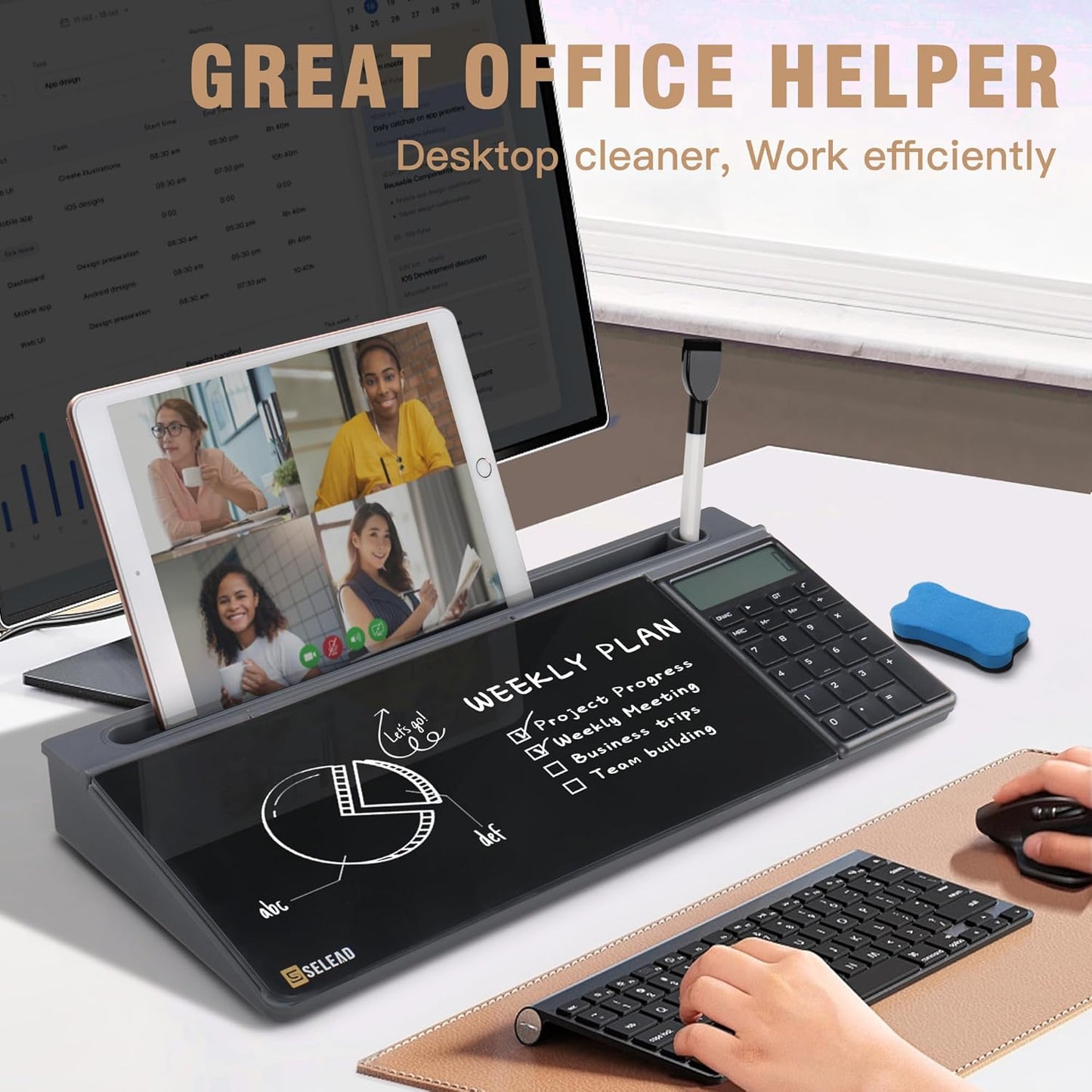 SELEAD Desktop Glass Whiteboard with Calculator, Organizer, Markers, Eraser, Holder - Black Dry Erase White Board Computer Pad Keyboard Stand for Home, School, Office Desk Cubicle Accessories