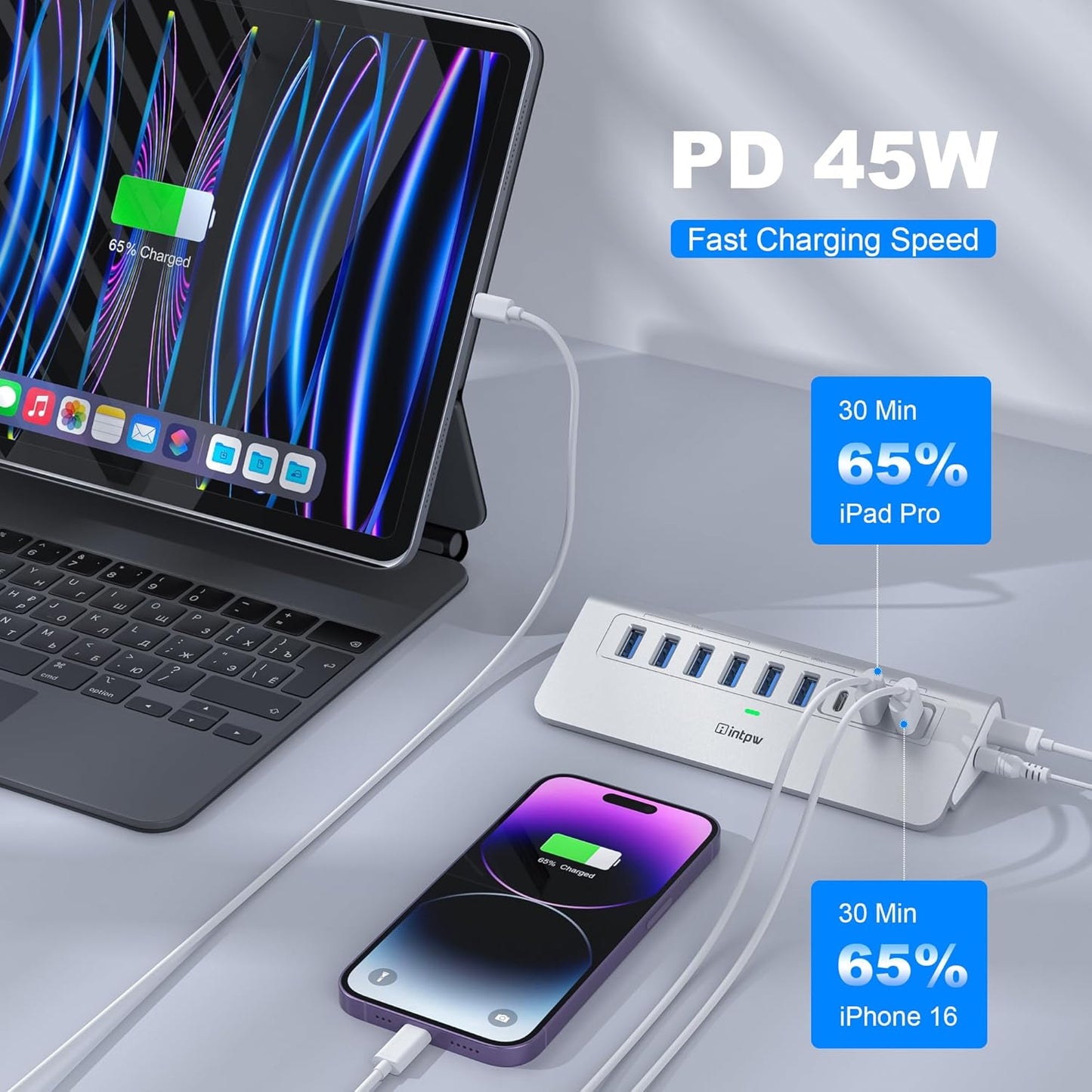Powered USB Hub 10Gbps, intpw 9-Port USB 3.2 Hub, USB C Hub with USB A/USB C 3.2, 4 USB 3.0, 2 PD 45W Charging Ports, 65W Power Adapter and 3.3FT Cable, Aluminum USB Hub for Laptop, iPhone 16/15, PC