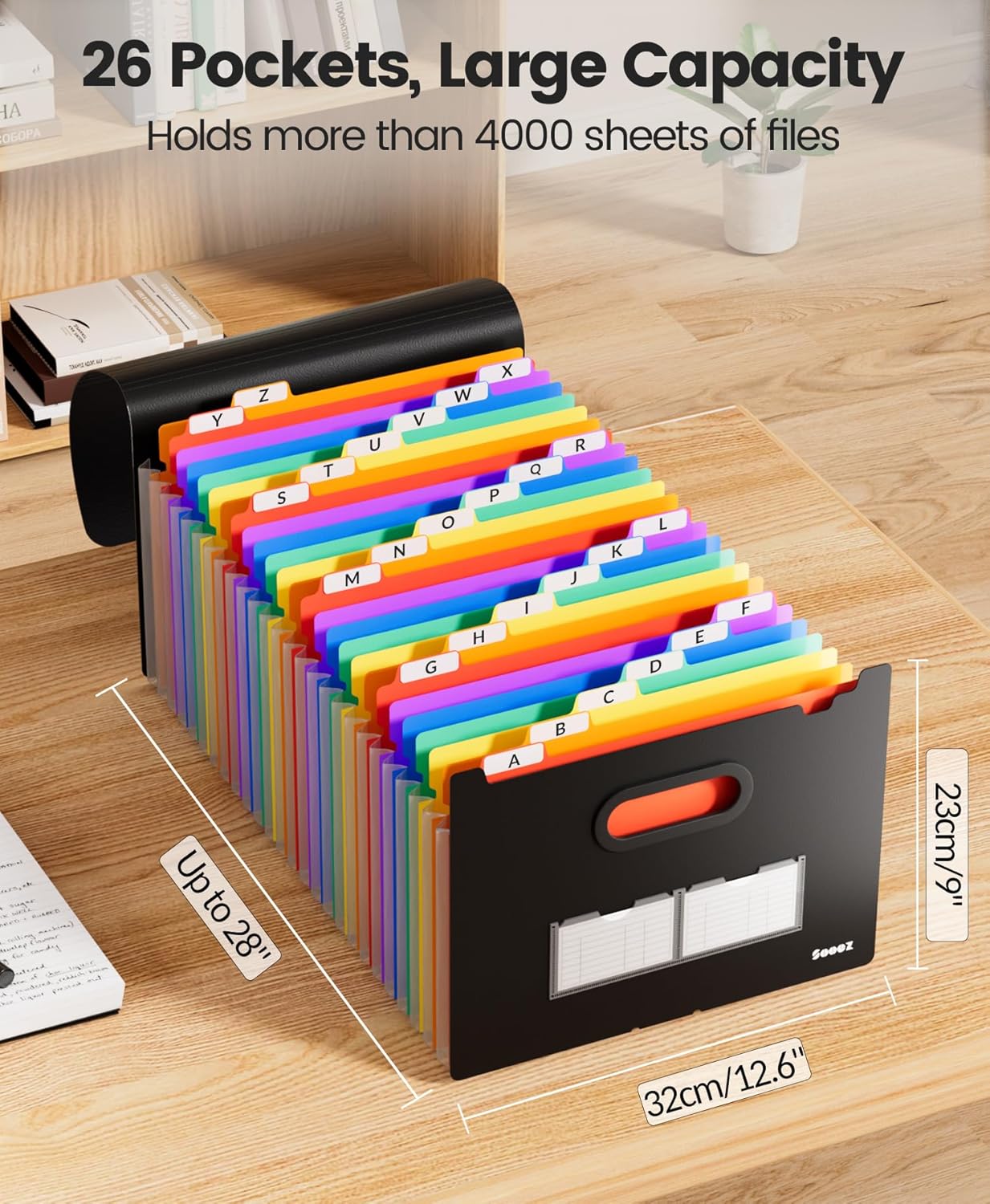 Sooez 26-Pocket Accordion File Organizer, Upgraded Expanding File Folder with Unobstructed A-Z Tabs, Premium Bill Tax Receipt Document Organizer Storage for Letter/A4 Size Paper, School Office & Home