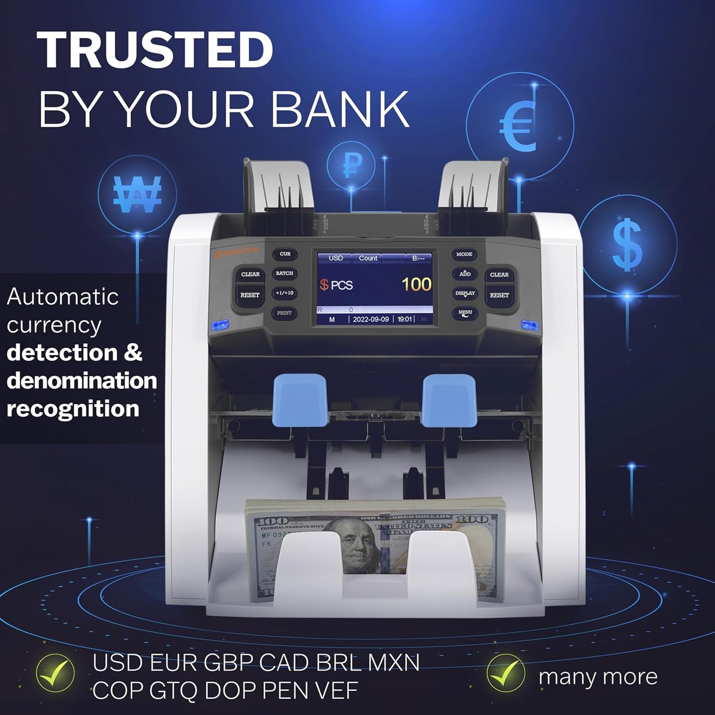 CARNATION Multi-Currency Bill Counter and Sorter with Counterfeit Detection - Money Counter Machine with MG, IR, MT, UV & CIS Image Recognition
