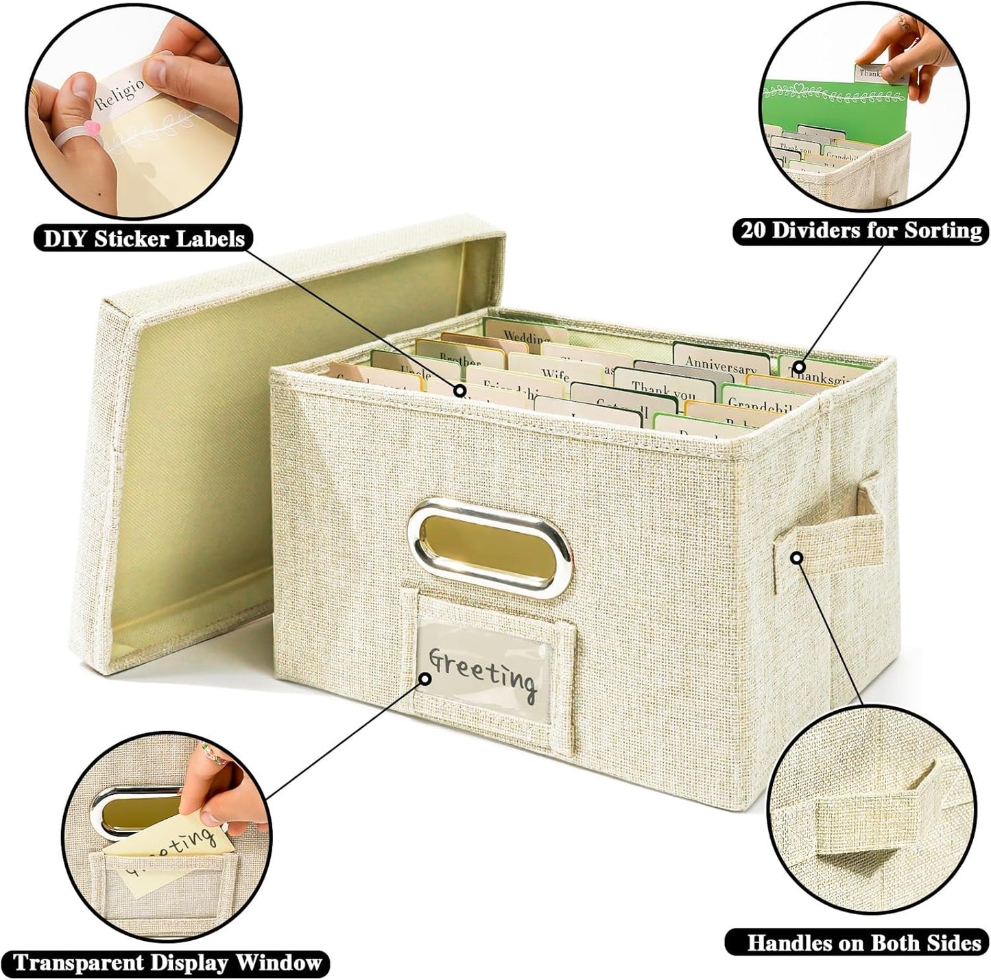 Vienrose Greeting Card Organizer 1 Pack, Storage Box with 20 Adjustable Dividers, Foldable Organizer Box Holds over 150 Cards, Storage Stickers Recipes Photos Envelopes Bills Vinyl Records, Beige