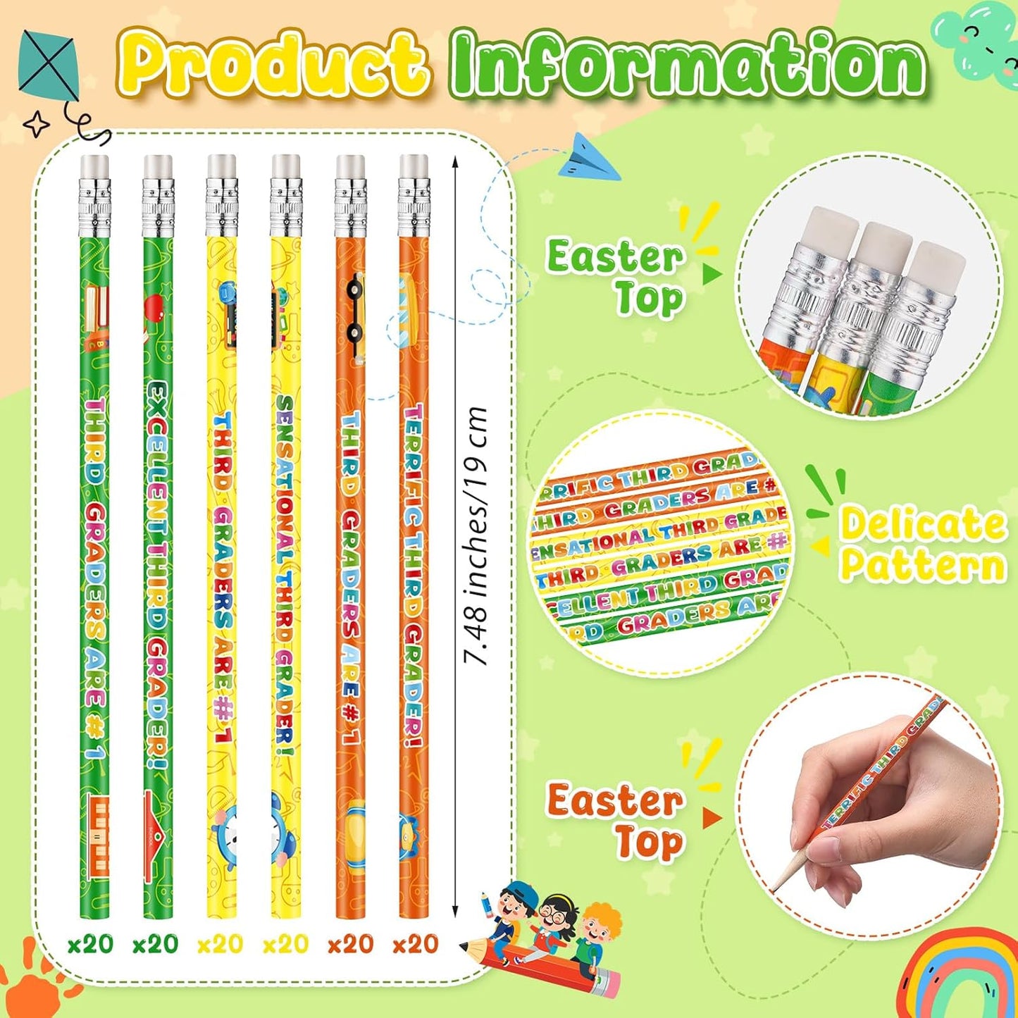 Tenceur 120 Pcs 3rd Graders Pencils, 3 Motivational Cute Pencils Bulk with Erasers for Kids Student Teacher Classroom Reward Back to School Supplies