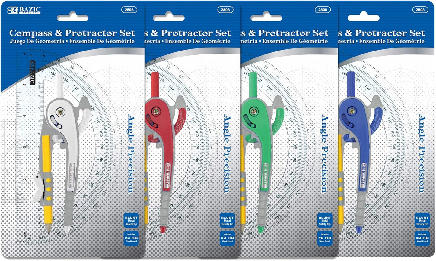 BAZIC Geometry Math Compass Set w/Scale-Arm, 6" Protractor, & HB Wood Pencil, Inch Centimeter, Mathematical Drafting Drawing Tool for Student, 24-Pack