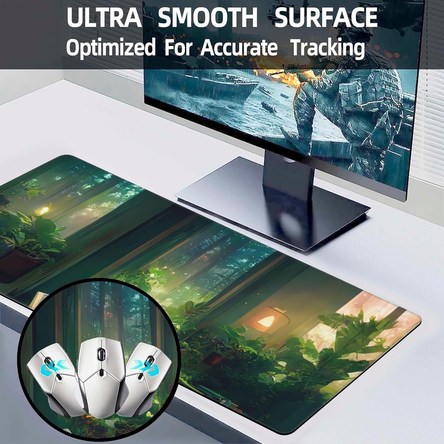 Desk Mat, Cute Lofi Green Extended Large Gaming Mouse Pad XXL, Non-Slip Rubber Base Stitched Edges Waterproof Long Computer Keyboard Desk Pad Mouse Mat for Home Office Gaming 35.4"X15.7"