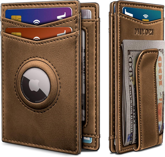 Airtag Wallet for Men- with Money Clip Gift Boxed, Magnetic Closure Slim Genuine Leather Front Pocket Wallet, 4.1"x 2.8", RFID Blocking