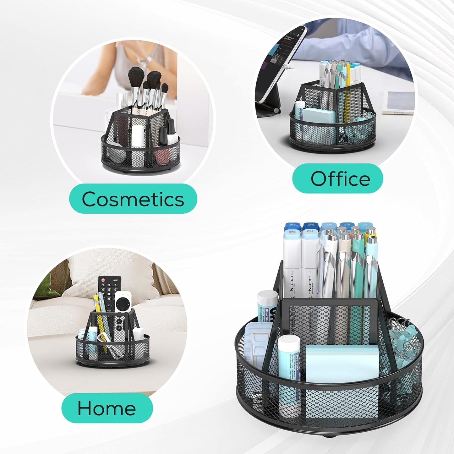 YINGHUA Metal Mesh Desk Organizer with 5 Compartments and Rotating Pencil Holder Pen and Stationery Organizer for Office Home School Anti Slip Base Black