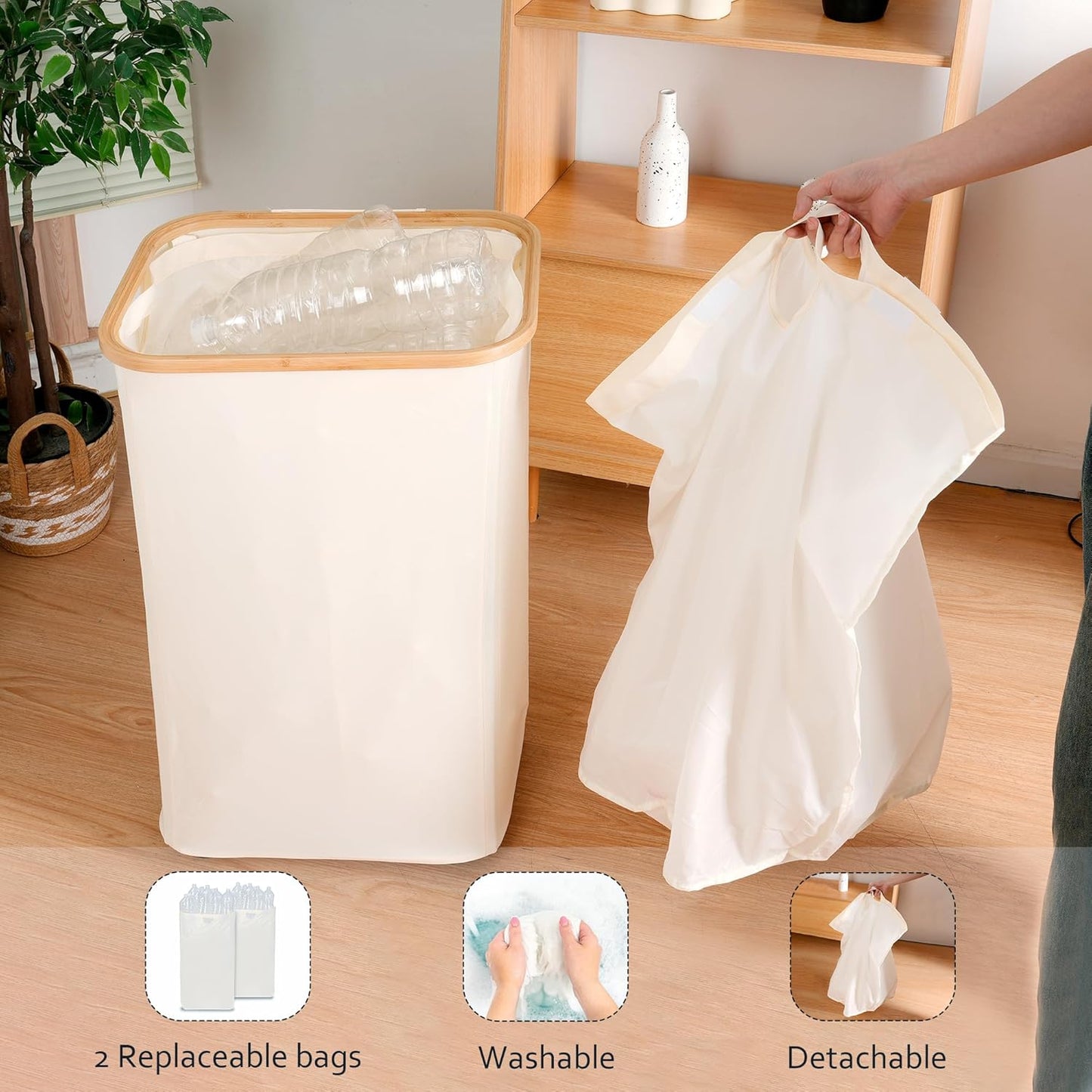 Recycling Bin for Kitchen, Indoor Home Recycle Bins with Wheel, 29 Gallons Large Recycling bin with 2 Removeable Reusable Inner Bags, for Bottles Cans Glass Plastice Cartons(Beige)