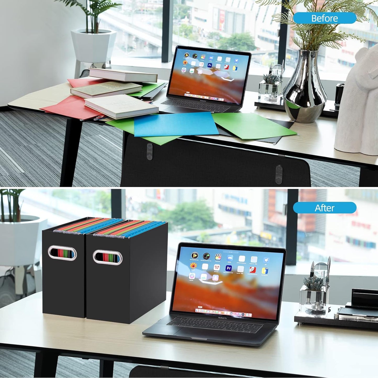 Oterri File Organizer, 8 Packs Small Storage Box, Cardboard File Folder Organizer, Collapsible File Box for Hanging File Folders Letter Size, Portable Filing Organizer with Handle (Black