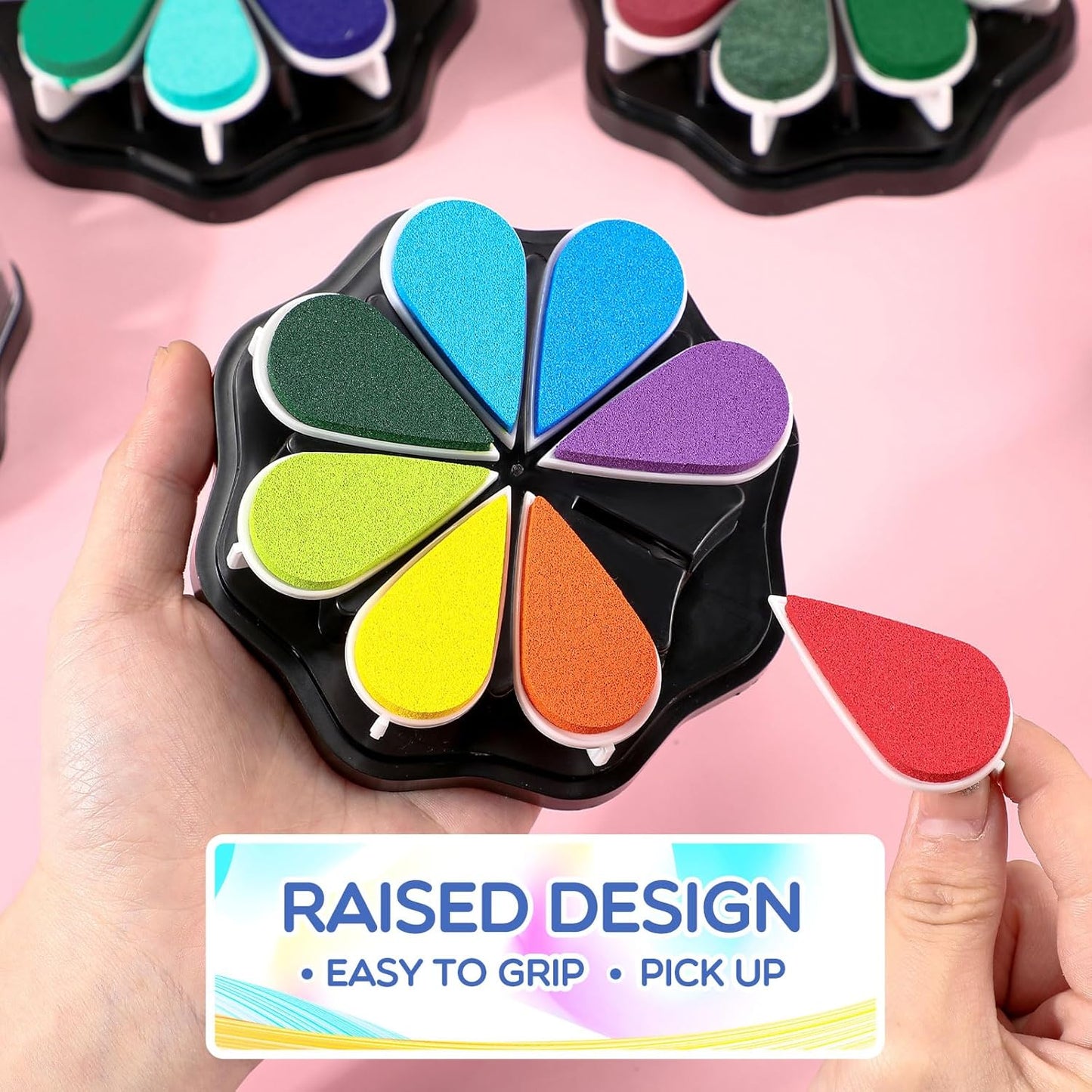 Jetec 12 Packs Petal Ink Pads Finger Ink Stamp, Rainbow Rubber Stamps Washable Waterdrop Shaped Stamp Pads for Card Making, Scrapbook, Painting (96 Colors)