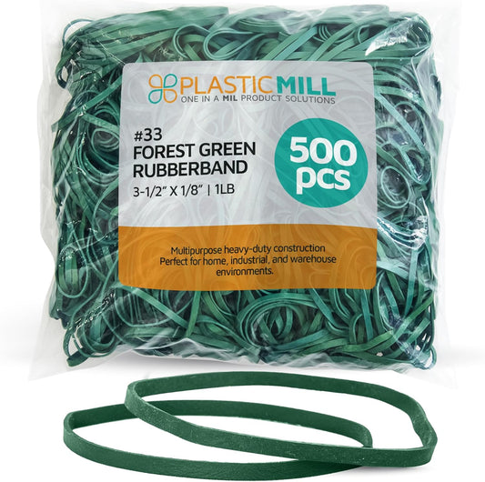 PlasticMill Forest Green Rubber Bands Size 33 (3 1/2" x 1/8") - #33 Colored Rubber Bands Office Supplies - Strong, Elastic Bands for Crafts, Balloon Garland, Cash, File Folders (500-Pack)