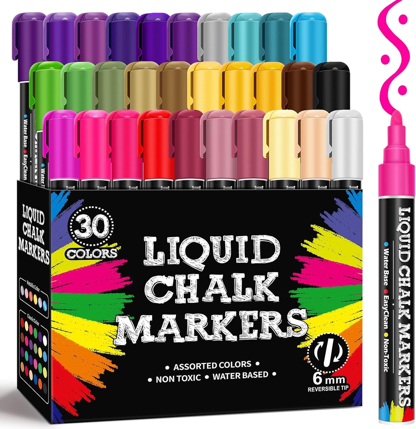 BainGesk 30 Colors Liquid Chalk Markers, Dust-Free Erasable Pens for Blackboards, Chalk Markers for Chalkboard, Windows, Glass, Mirror, Acrylic Dry Erase Board, 6mm Reversible Bullet & Chisel Tip