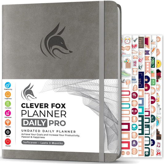 Clever Fox Planner Daily PRO - 8.5 x 11" A4 Size Daily Life Planner and Gratitude Journal to Increase Productivity, Time Management and Hit Your Goals - Undated - Lasts 3 Months (Gray)