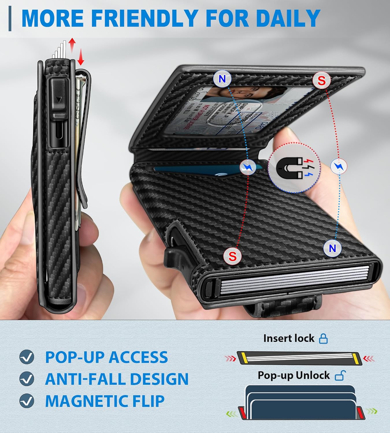 Airtag Wallet for Men,with Money Clip Gift Boxed,Slim Front Pocket Wallet RFID Blocking Metal Case Smart Pop-up Credit Card Holder in Magnetic Leather Flip