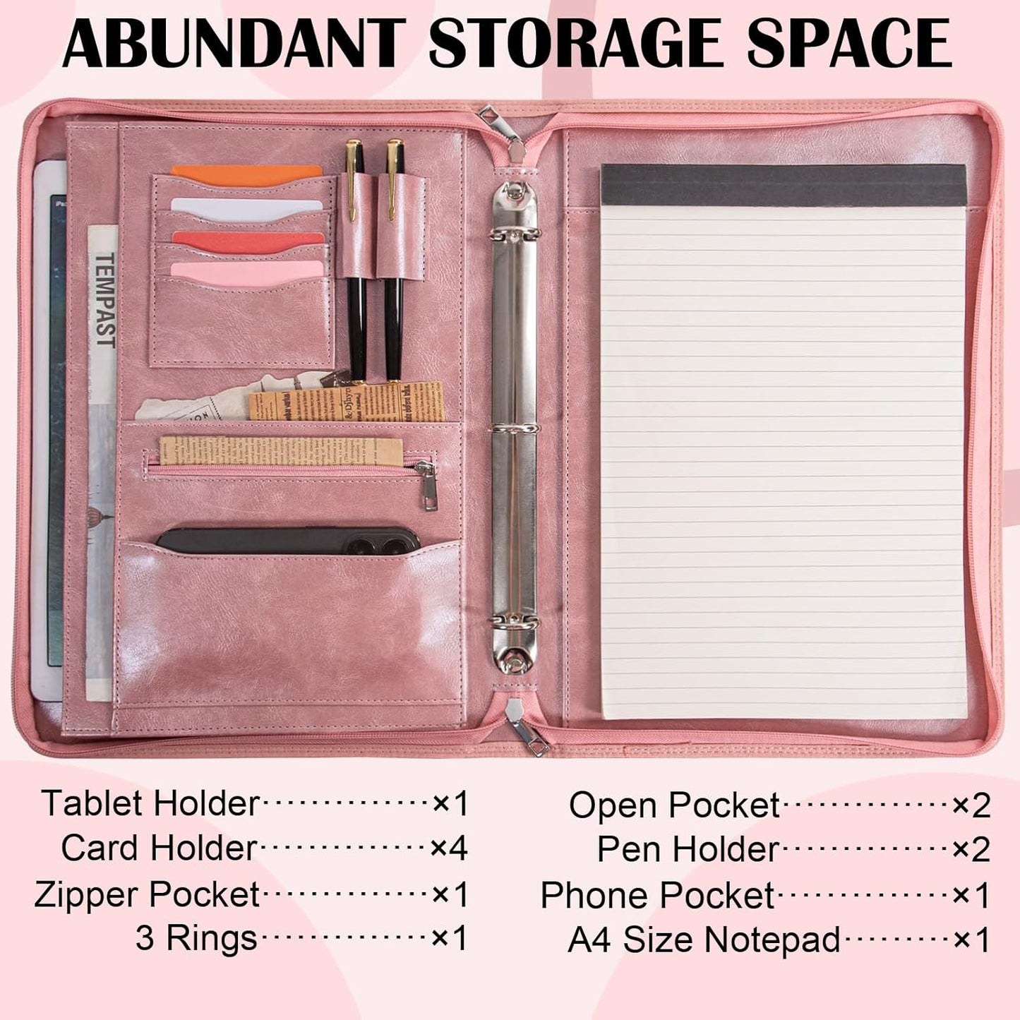 Calfinder Portfolio Binder,3 Ring Binder with Zipper,PU Leather Padfolio with Zipper for Women, Professional Business Portfolio Organizer for Resume/Interview, A4 Letter Document Organizer