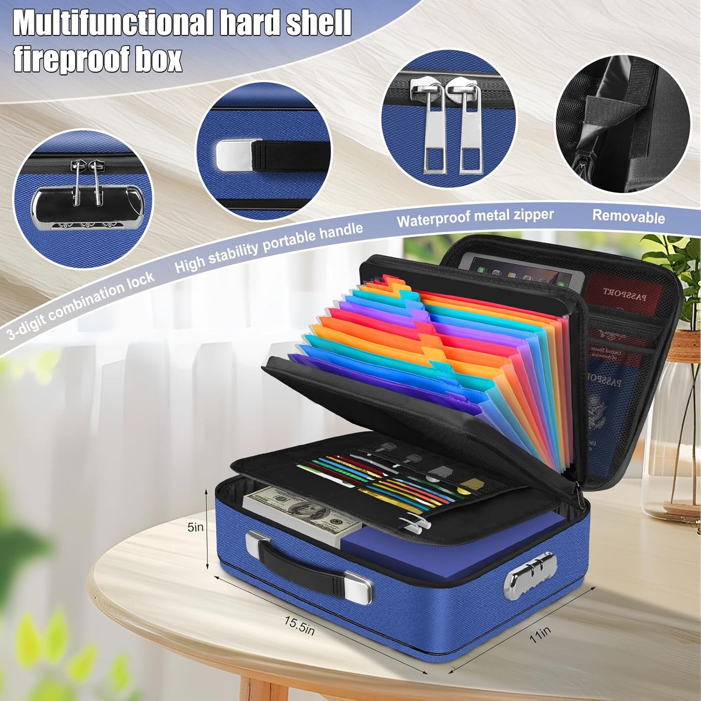 Fireproof Document Box, Hard Shell Fireproof Box, Document Organizer with Lock, Fireproof Water Resistant box, Portable Documents Safe Box for Important Document Certificates, Laptop, Passports, Blue