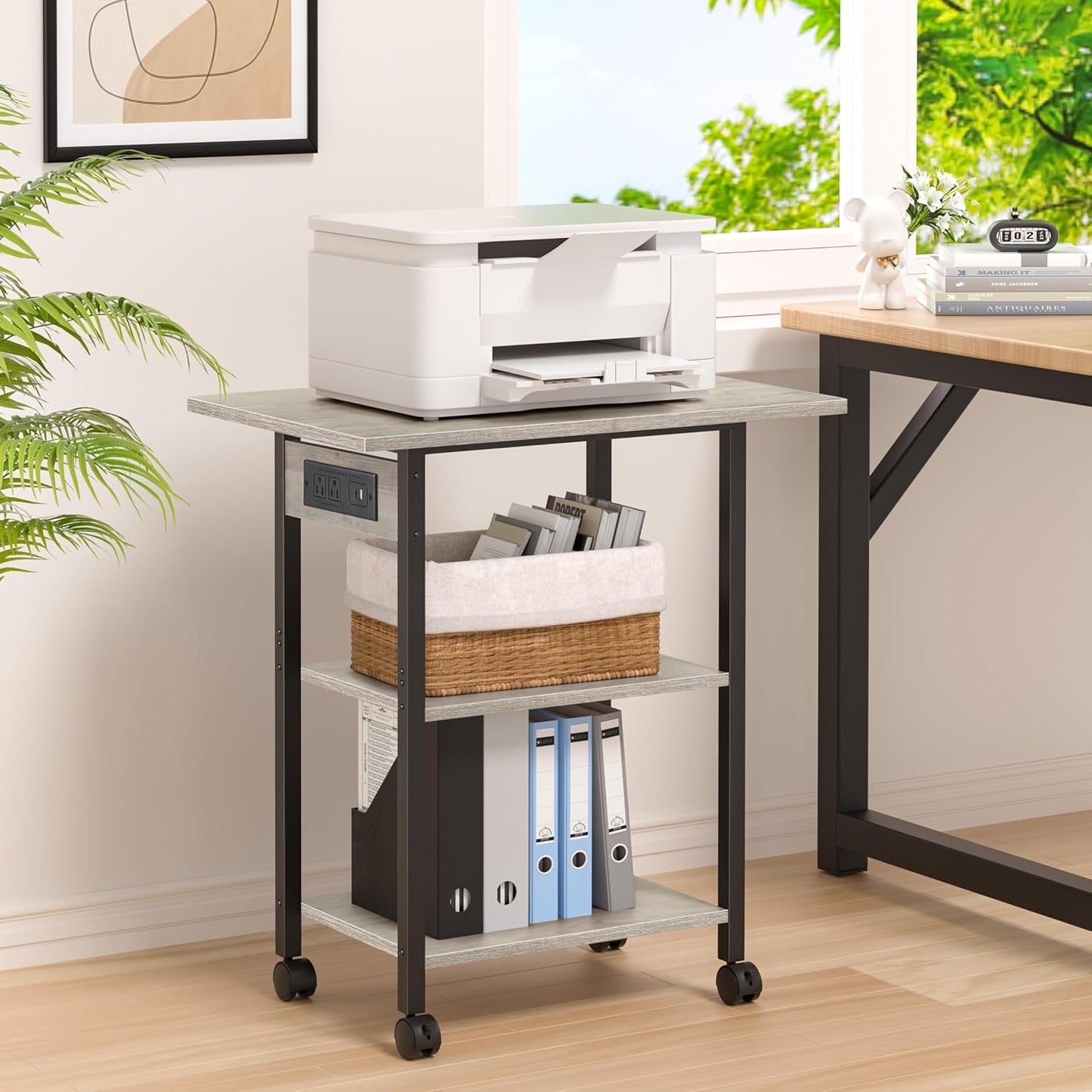 Lerliuo 3-Tier Printer Stand with Charging Station, Industrial Mobile Printer Table with Storage Shelf and Steel Frame, Rolling Printer Cart Holder with Lockable Wheels for Home, Office (Oak)