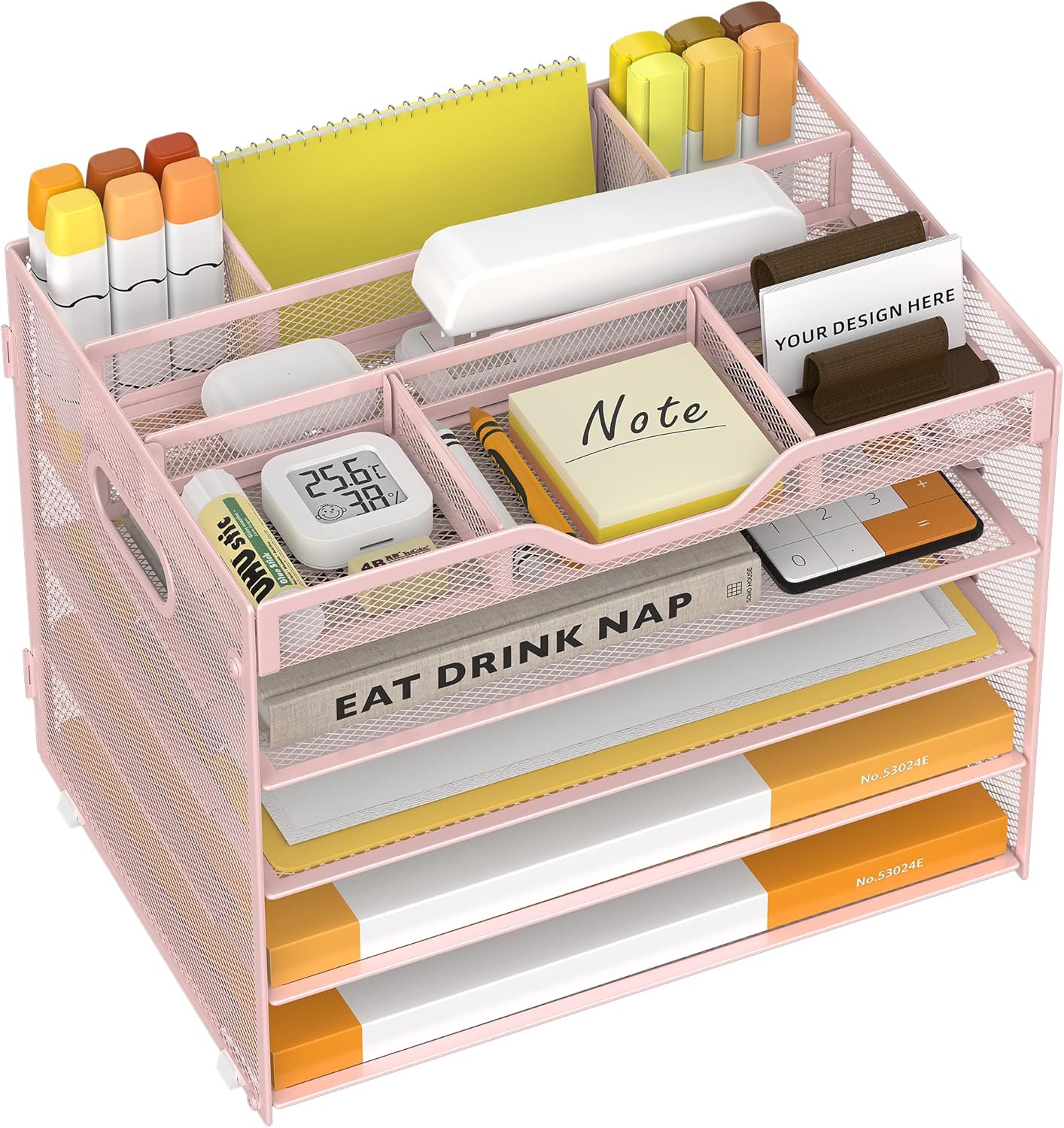 5 Tier Paper Letter Tray with 3 Drop-in Pen Holders, Mesh Desk File Organizer with Handle, Desk Organizers and Accessories for School,Home, Office Supplies Storage-Pink