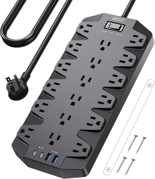 Surge Protector Power Strip, SUPERDANNY 18 AC Outlets with 4 USB Ports, 1875W/15A, 2100J, 6.5FT Flat Plug Heavy Duty Extension Cord with Wall Mount Holes for Home, Office, Gaming Room,Dorm, Black