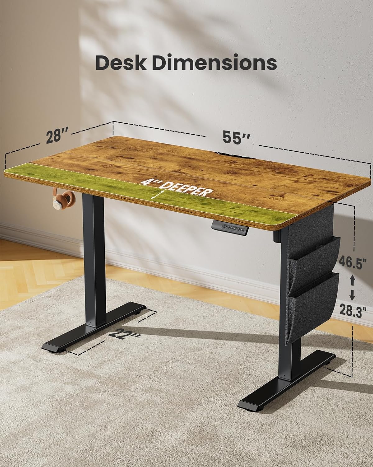 Marsail Standing Office Desk,Adjustable Heights,Stand Up Desk,55x28 Inches Desktop Sit Stand Home Office Gaming Computer Desk with 4 Memory Presets,Headphone Hook,Cable Organizer, Rustic Brown