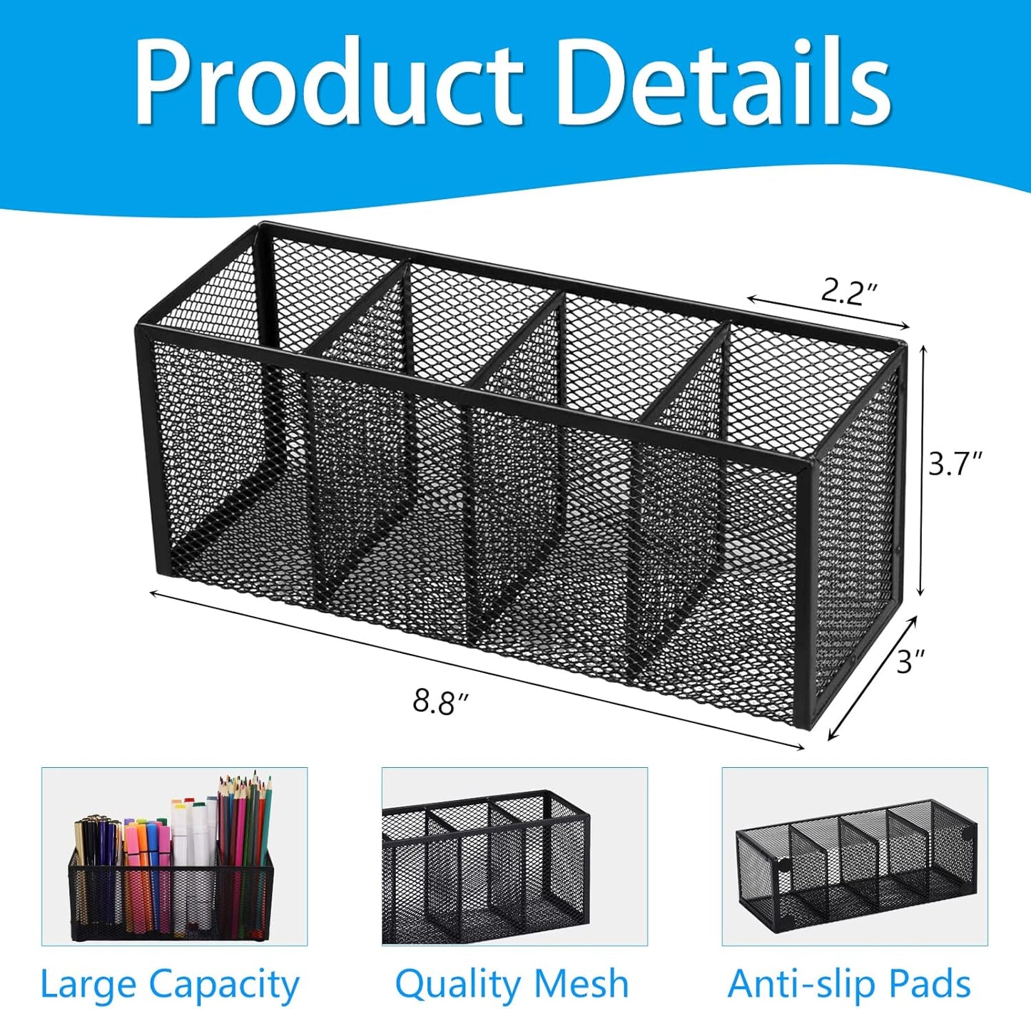 Black Mesh Pen Holder, Metal Desk Organizer Desktop Stationery Office Supplies Acessories Storage Stand, 4 Compartments Pencil Organizer Brushes Holder for Home School Classroom Teachers