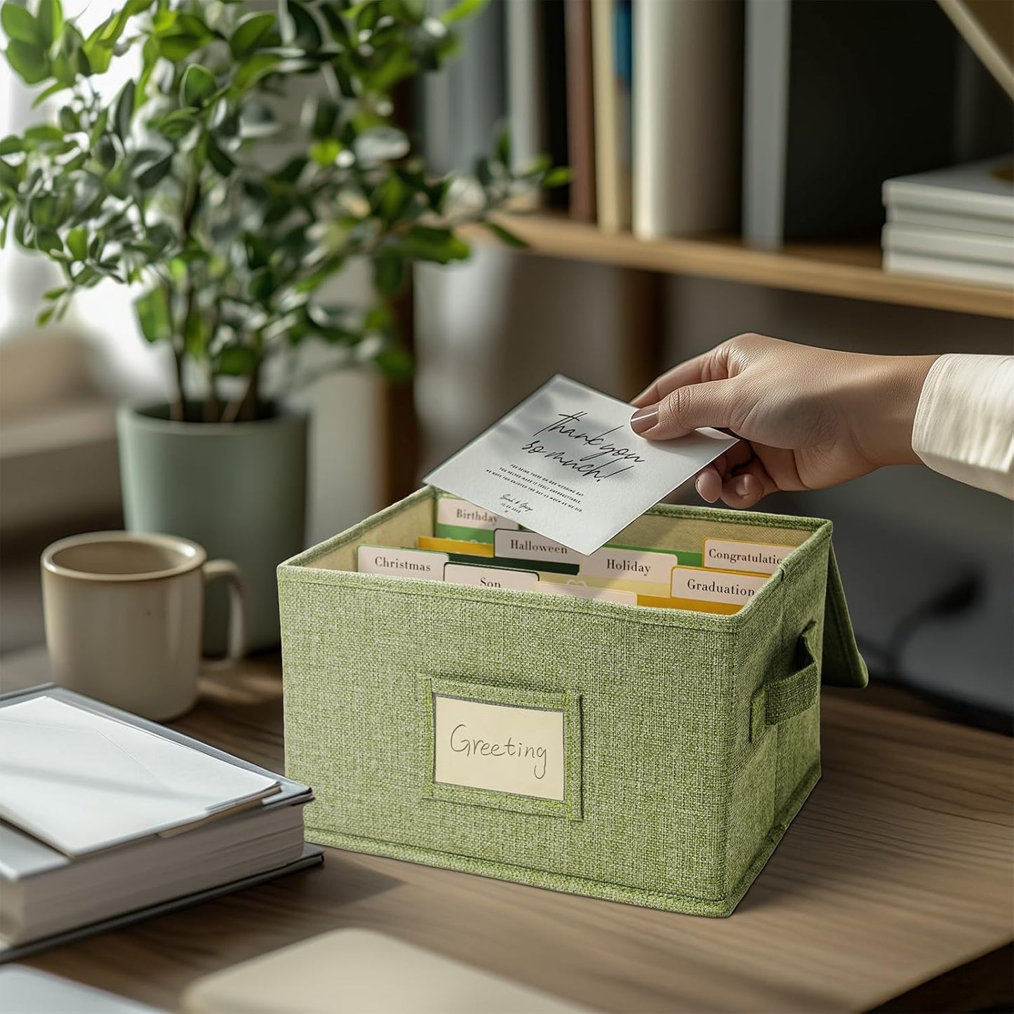 Vienrose Greeting Card Organizer Storage Box with 20 Removable Dividers, 84 Self-stick Labels, Perfect for Photos, Envelopes, Scrapbooking, Paper, Stickers Holder 1 Pack Grass Green