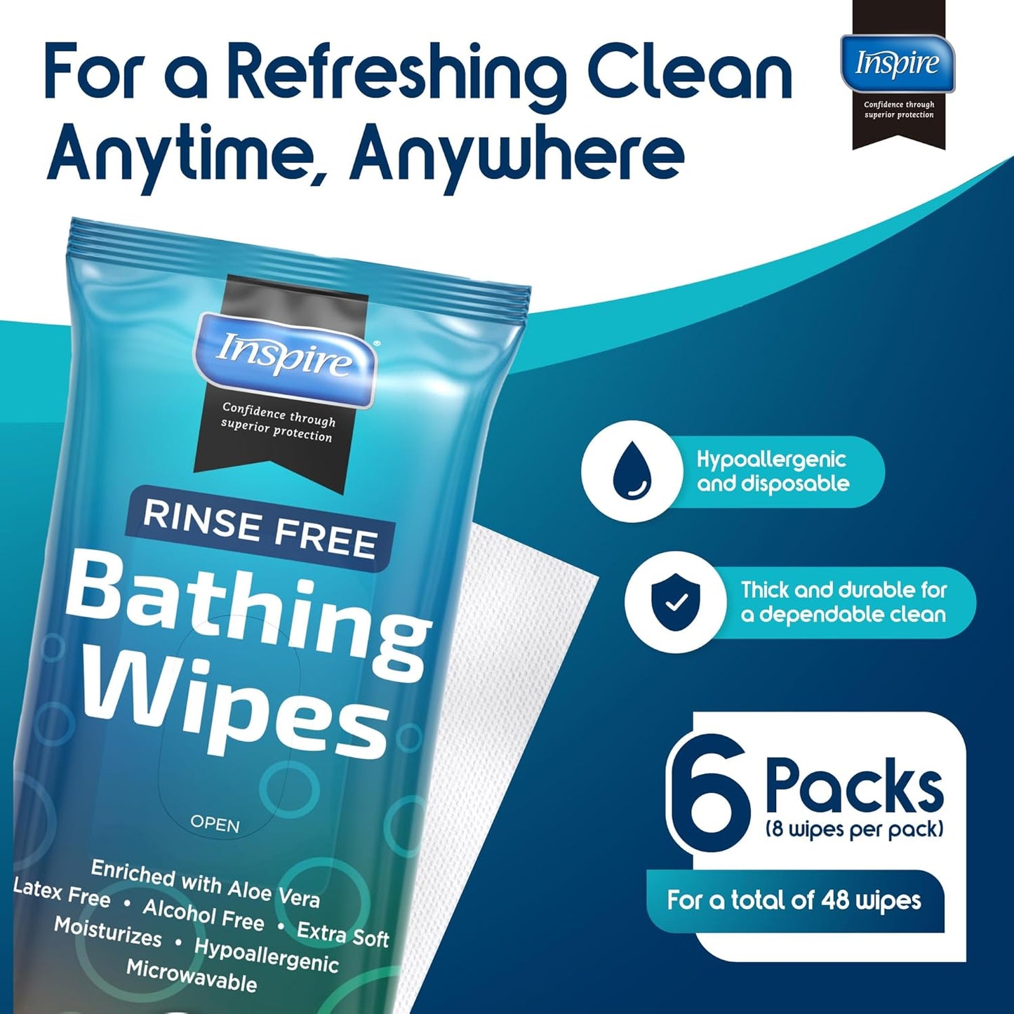 Inspire Rinse Free Body Wash Wipes | Bathing Wipes, Shower Wipes | Extra Large Adult Wipes With Aloe | Cleansing Adult Wipes | Body Wipes For Women And Men | Disposable Washcloths For Adults Bathing