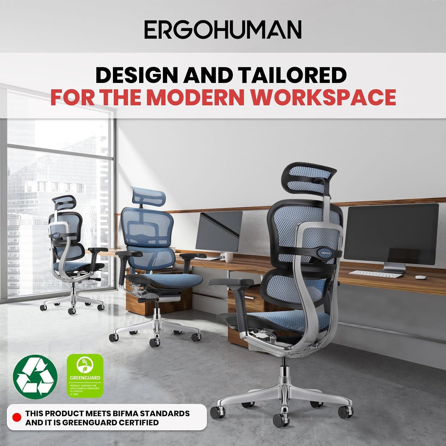 Ergohuman Eurotech ME7ERG GEN2 High Back Mesh Office Chair with Tilt Tension Control, Tilt Lock, Back Angle, Back Height, Synchro Tilt, Seat Height, Seat Depth, and Arm Height Adjustments, Blue