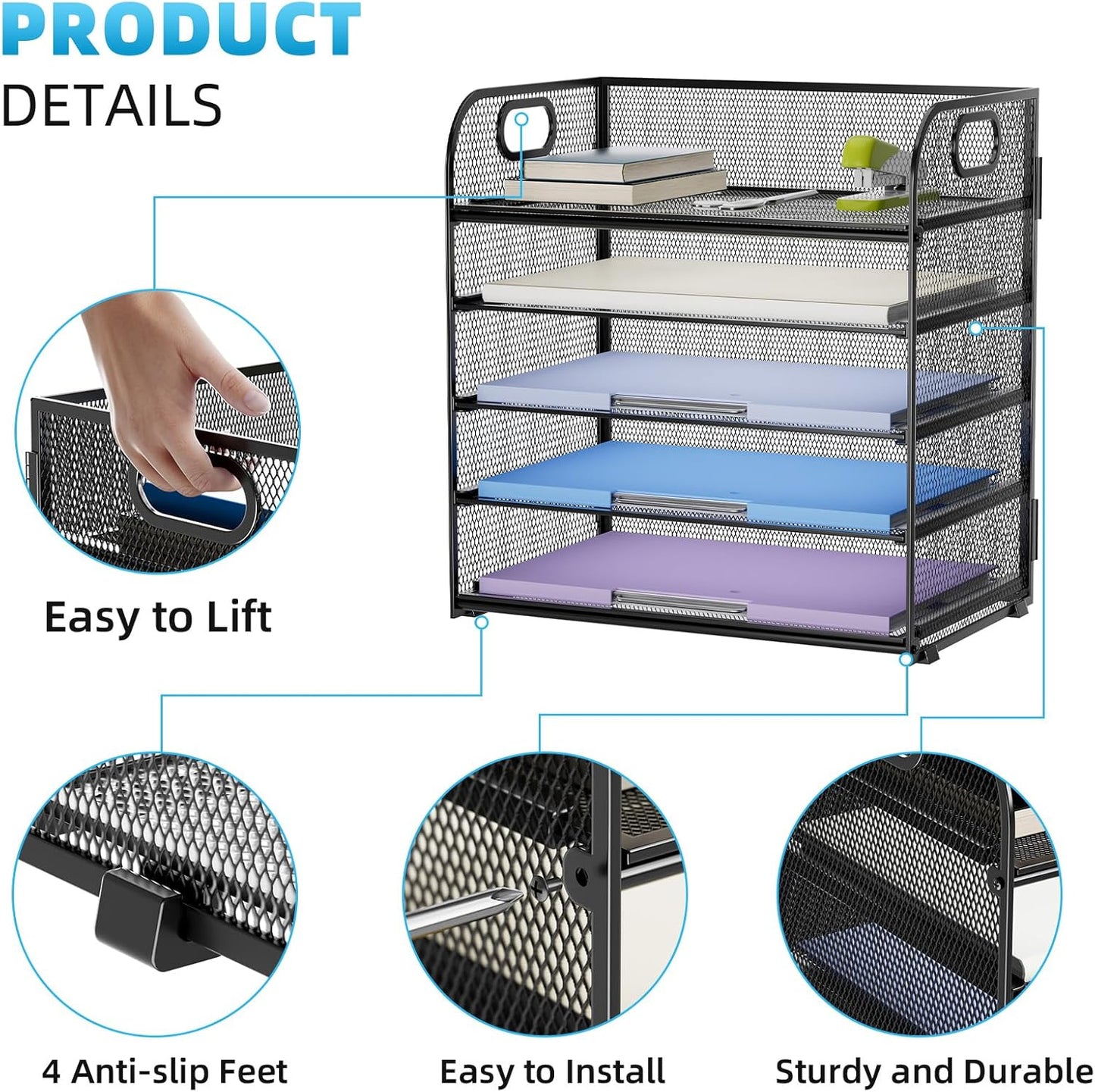 Marbrasse 5 Tier Paper Organizer Letter Tray, Mesh Desk File Organizer with Handle, Paper Sorter Desk Organizer for Home Office Supplies(Black)