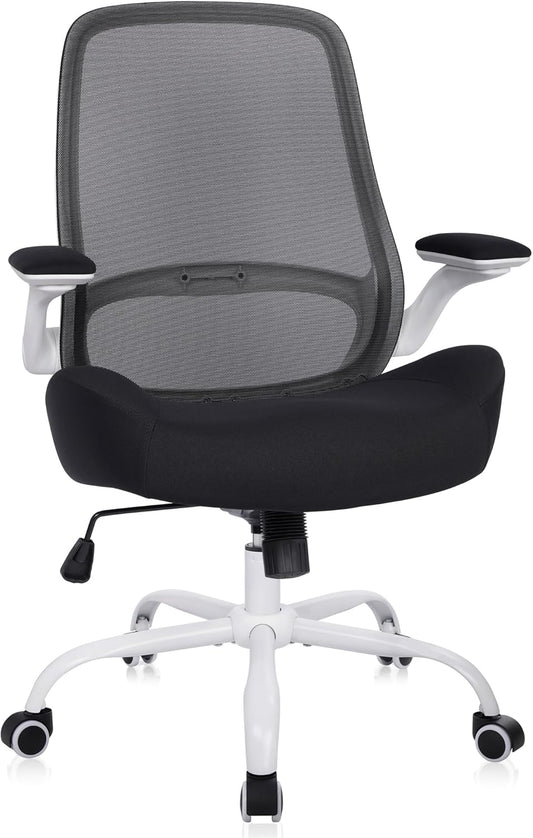 HYLONE Heavy Duty Office Chair, 5" Thickened Seat Ergonomic Desk Chair with Adjustable Armrests, Home Office Computer Chairs for Long Hours Mesh Executive Chair(White Base & Black)