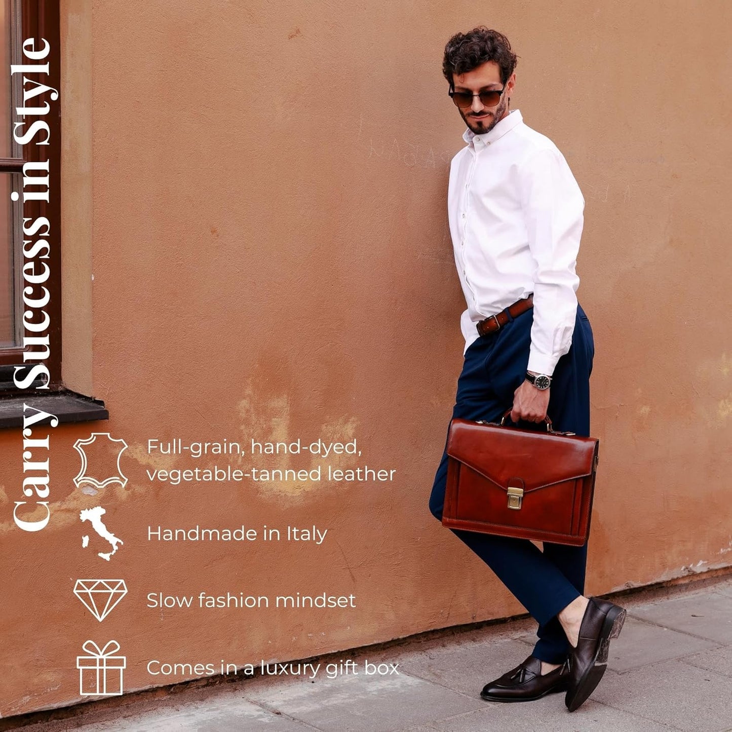 Time Resistance Leather Briefcase for Men - Business Laptop Bag - Italian Handmade Leather Bag - Attache - Gift Box Included