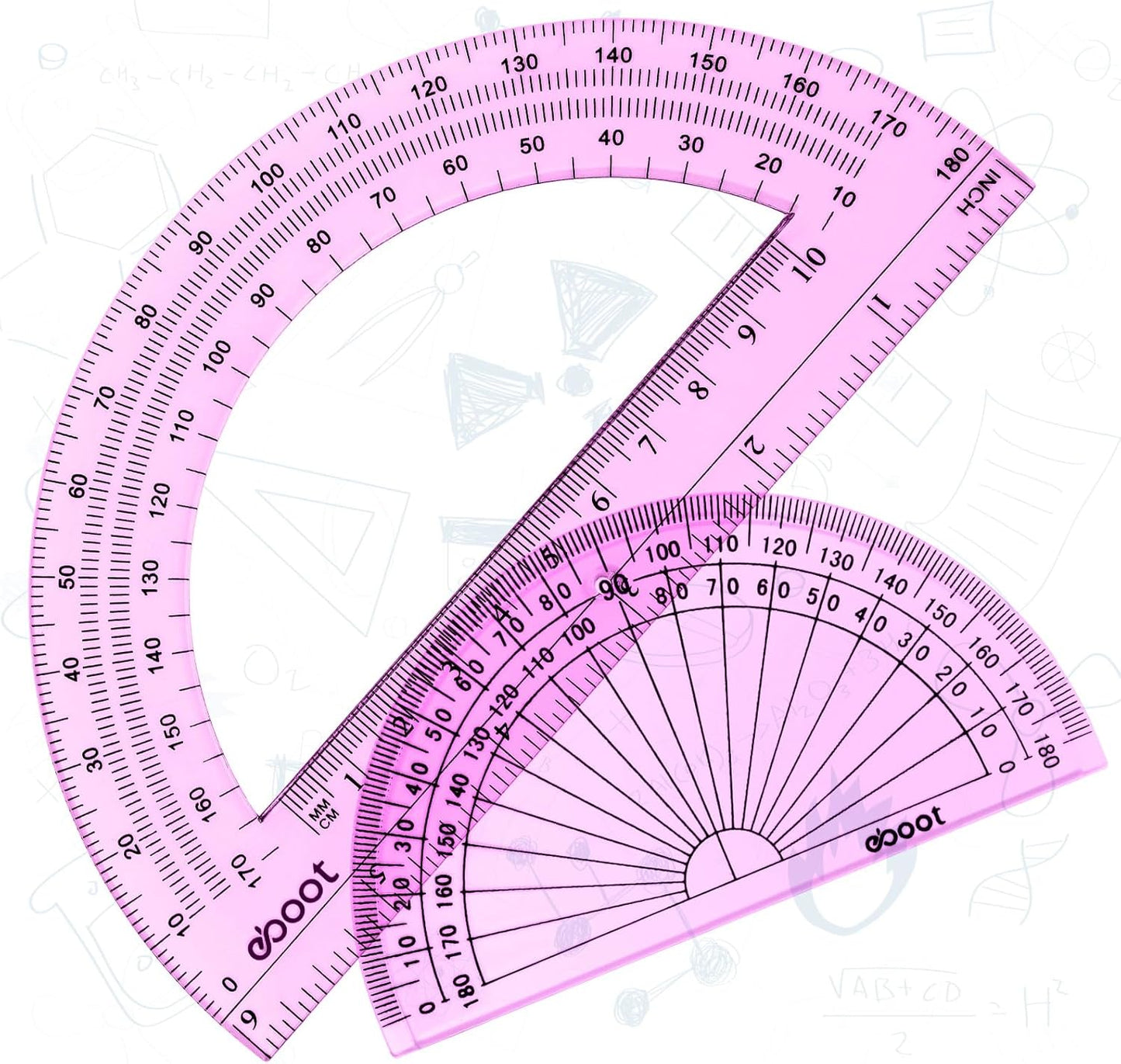 EBOOT 2 Pcs Plastic Protractor Clear 180 Degrees Transparent Protractor for Geometry, 4 Inch and 6 Inch(Pink)