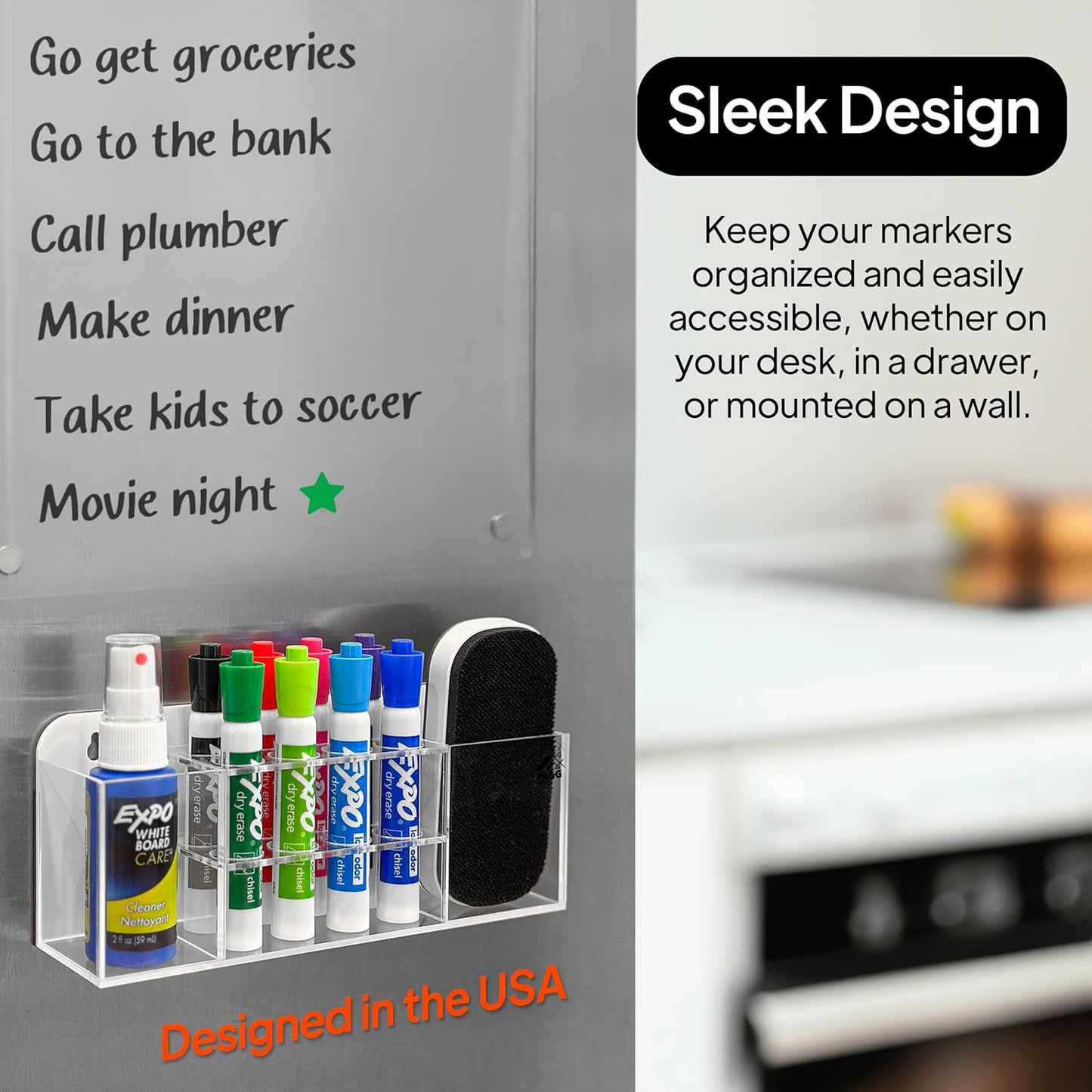 Strong Magnetic Dry Erase Marker Holder for Whiteboard, 8-Slot Acrylic Pen Organizer with Glass and Wall Mount Accessories for Fridge, Office, and Classroom. Markers, Eraser, Cleaner Not Included