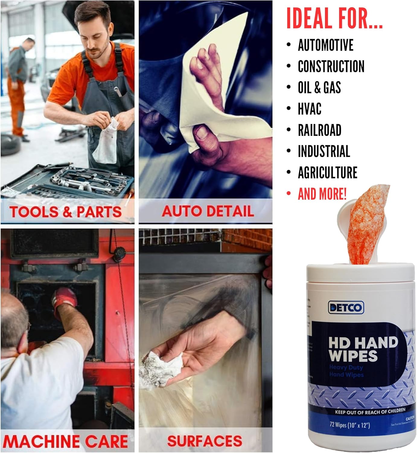 Hand and Tool Wipes, Heavy Duty Tool Cleaning Wipes, Hand Cleaning Wipes, Degreasing, Waterless Hand Cleaner, Dual Surface, Work Surface Wipes - 72 Count