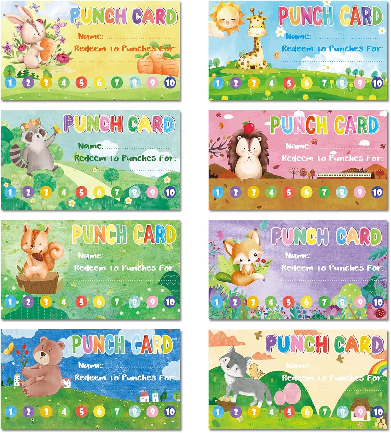 Fumete 400 Pcs Punch Cards for Classroom Reward Cards Behavior Incentive Loyalty Awards for Kids Students Teachers School Business, 8 Styles, 3.5 x 2 in(10 Cute Animal Punches Style)