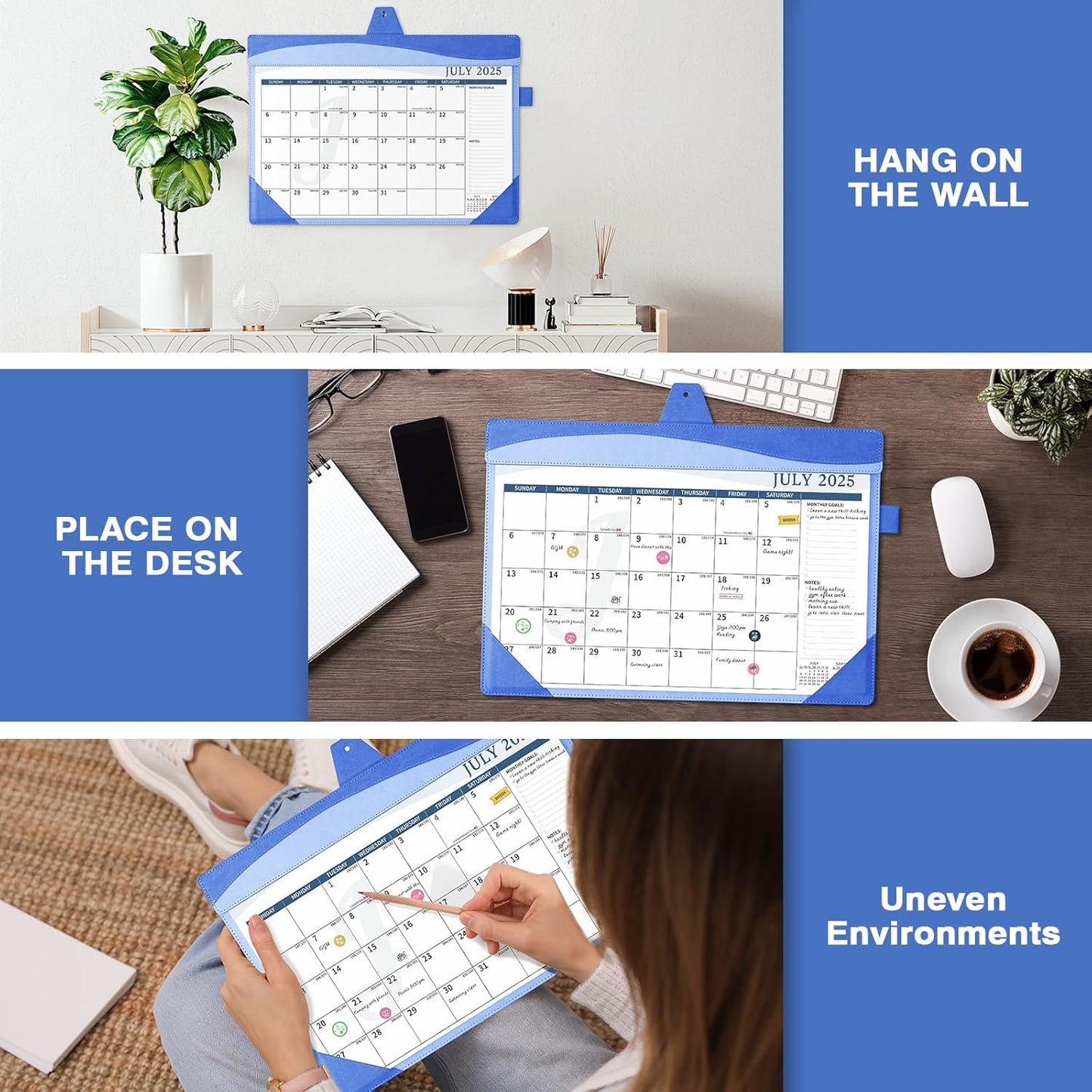 Ospelelf Leather Desk Calendar 2025-2026 Large 12"x17" Monthly Planner Pad with Protective Cover 18 Months July 2025 to Dec 2026 Blue