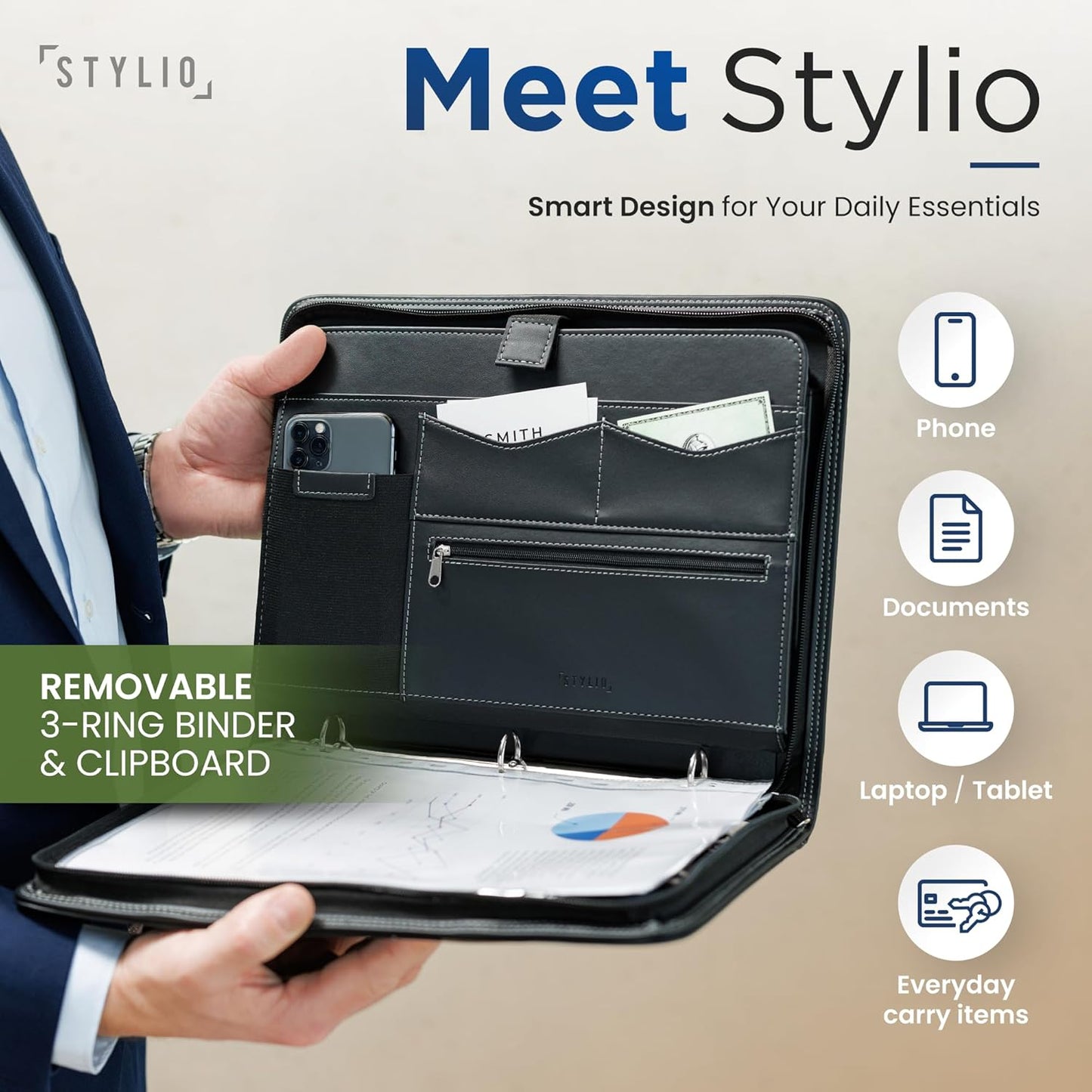 STYLIO Zipper Portfolio with Carrying Handle | Removable 1" 3-Ring Binder w/Clipboard Padfolio | Organizer for Documents, iPad, Tablet, Phone, Notebook | Business Leather Binder for Men Women