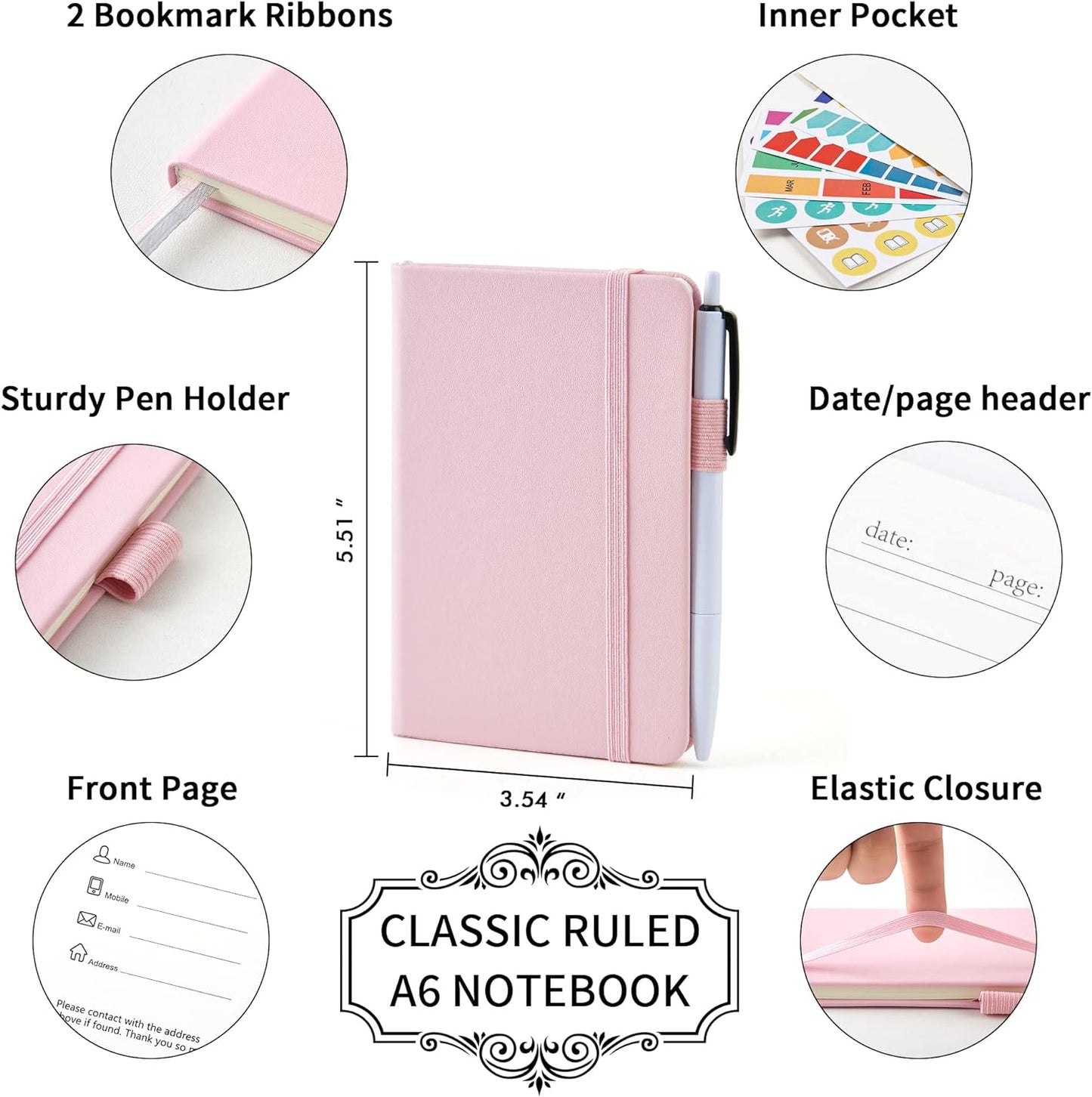 feela 6 Pack Pocket Small Notebooks Bulk, Mini Cute Memo Notepads Hardcover College Ruled Lined Journals with Pen Holder for Women Girls Office School, with 6 Black Pens, 3.5”x 5.5”, A6, Rose Pink