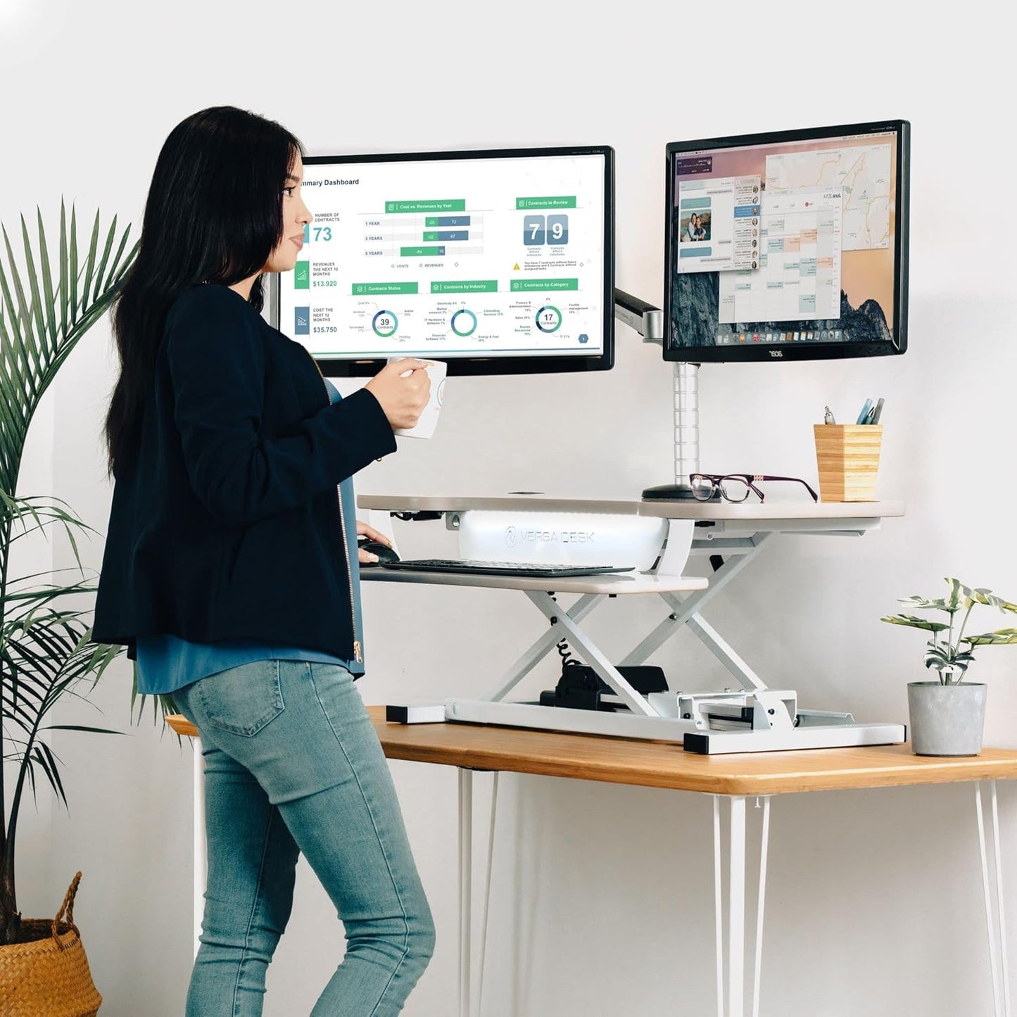 VRSADESK PowerPro™ Electric Standing Desk Converter - Height Adjustable Desk Riser with Keyboard Tray - Holds 80 lbs - Built-in USB Charging Port - Ergonomic Sit Stand Workstation | White (36 inch)