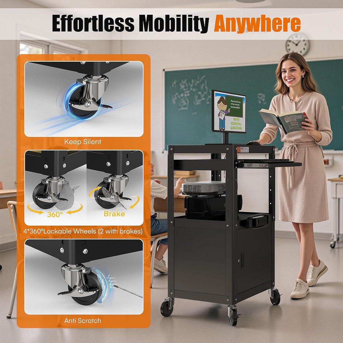 Steel Large AV Cart with Extra Storage - Adjustable Height Cart with Locking Cabinet, Pullout Tray, Power Strip, and Cord Management - Holds 300 lbs and Easy to Assemble (24'' x 18'' x 42'')