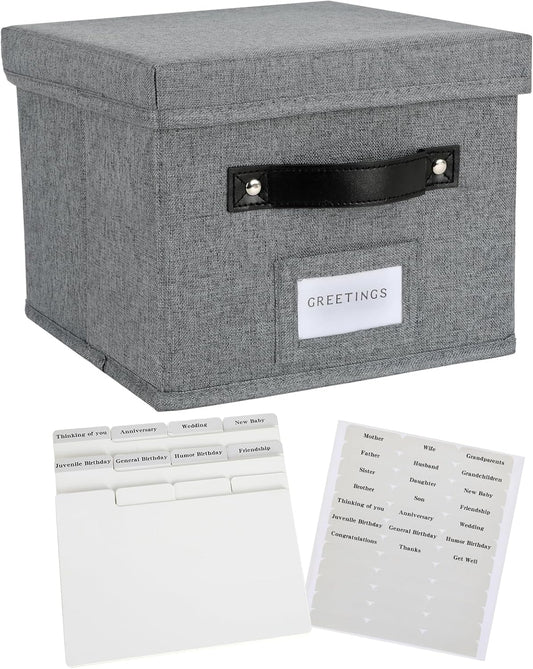 Greeting Card Organizer with dividers - Storage Box with lid Holds 150+ Cards - Assortment Box for Greeting Cards,Recipes, Photos, Envelopes, Keepsake - 9 x 9 x 7 Inches (Gray, 1 pcs)