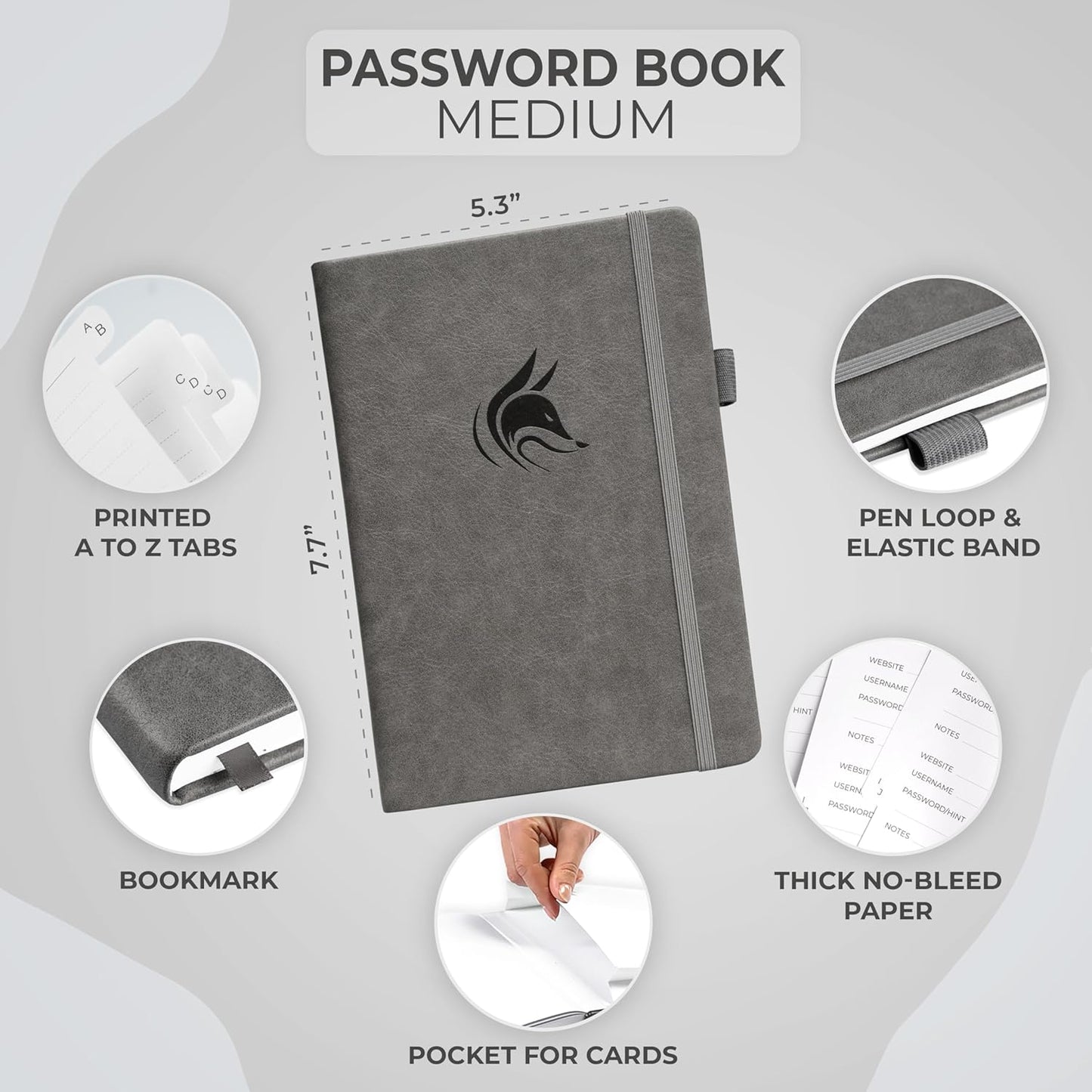 Clever Fox Password Book with alphabetical tabs. Internet Address Organizer Logbook. Medium Password Keeper for Website Logins (Gray)