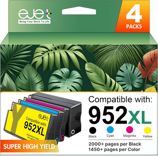 ejet 952XL Ink Cartridges Combo Pack High Page Yield (4-Pack) Compatible for HP 952XL Ink Cartridges Combo Pack | Works Officejet Pro 8702 8710 8720 8210 7740 7720，Black Cyan Magenta Yellow | N9K28AN