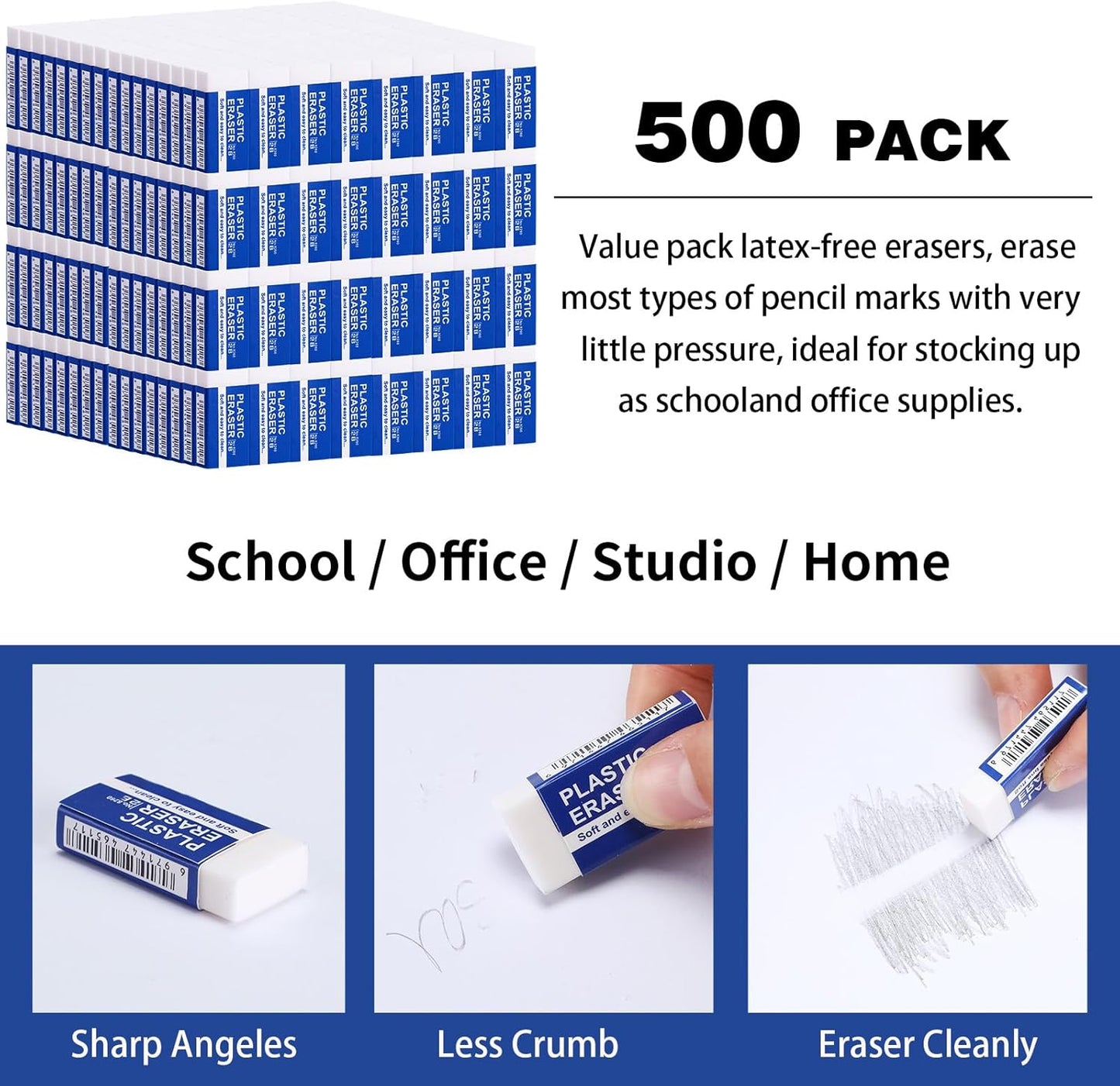 Yeaqee 500 Pcs White Pencil Erasers Bulk Soft Art Erasers School Pencil Erasers for Drawing Kids Student Artist Office Home Writing 1.57 x 0.71 x 0.31 Inch