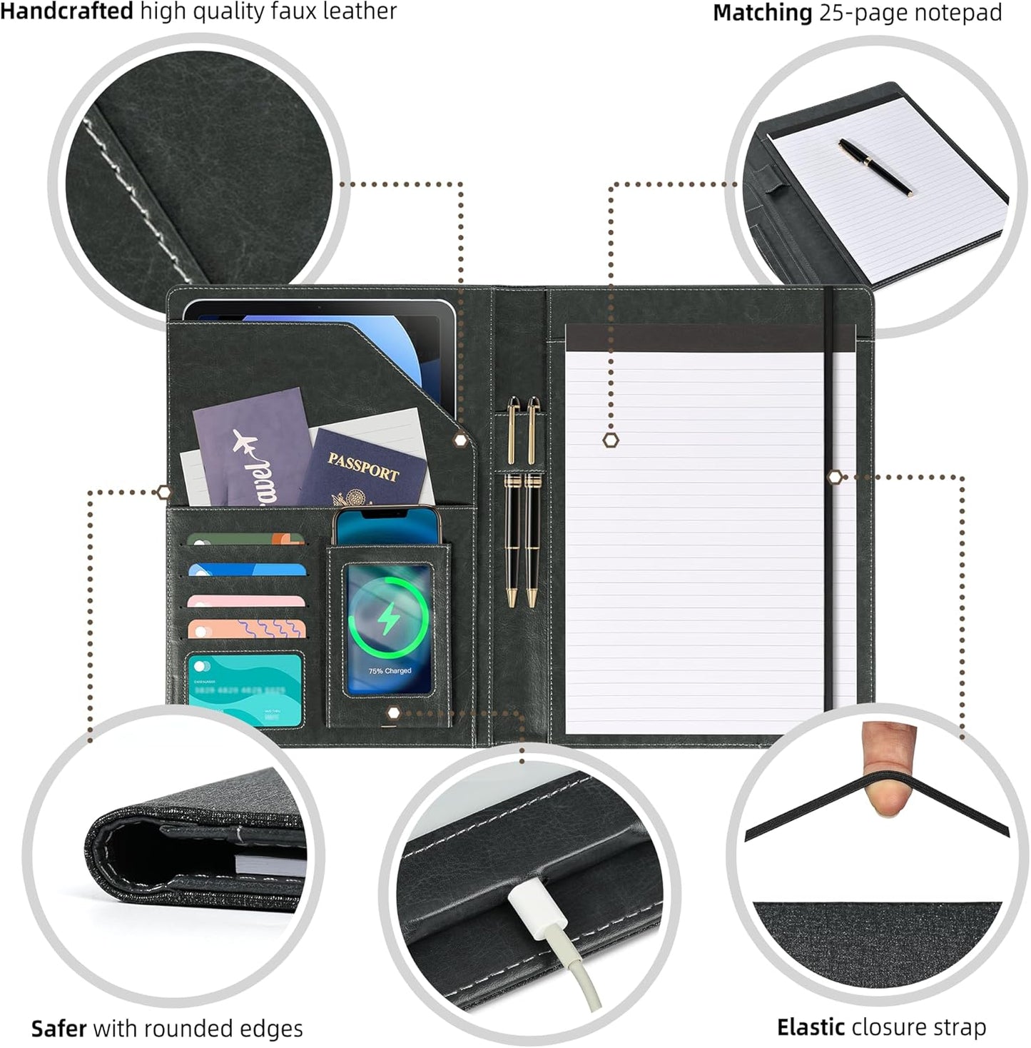 Leather Padfolio with Clipboard Folio Folder Padfolios for Women Black Sparkle Binder with Notepad