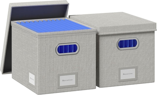 File Organizer Box - File Boxes for Hanging Files with Lid Set of 2 Decorative Hanging Folders Organizer Letter Size with One-Piece Plastic Frame Slides (Light Grey, 13.2*10.1*10.1in(2Pack))