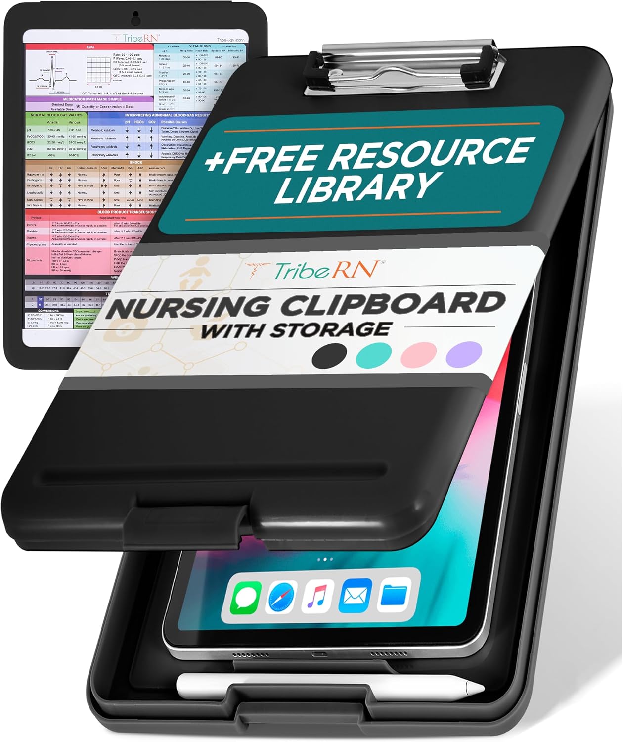 Tribe RN Nursing Clipboard with Storage - Medical Clipboard Nursing Essentials for Nurses and Nursing Students School Supplies with Quick Access Reference Guide (Black)