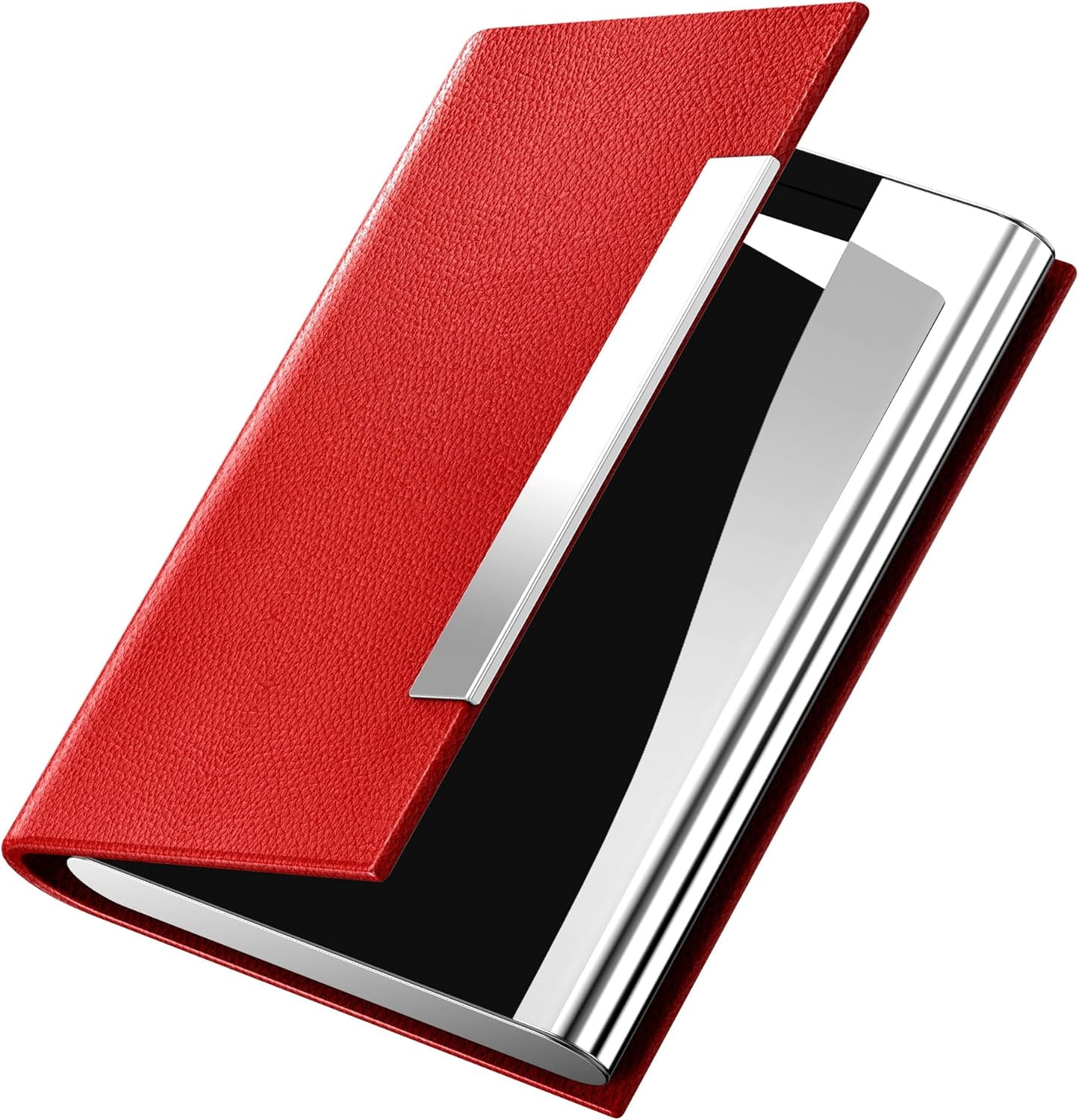 Padike Business Card Holder, Red Faux Leather Wallet with Stainless Steel, RFID Protected