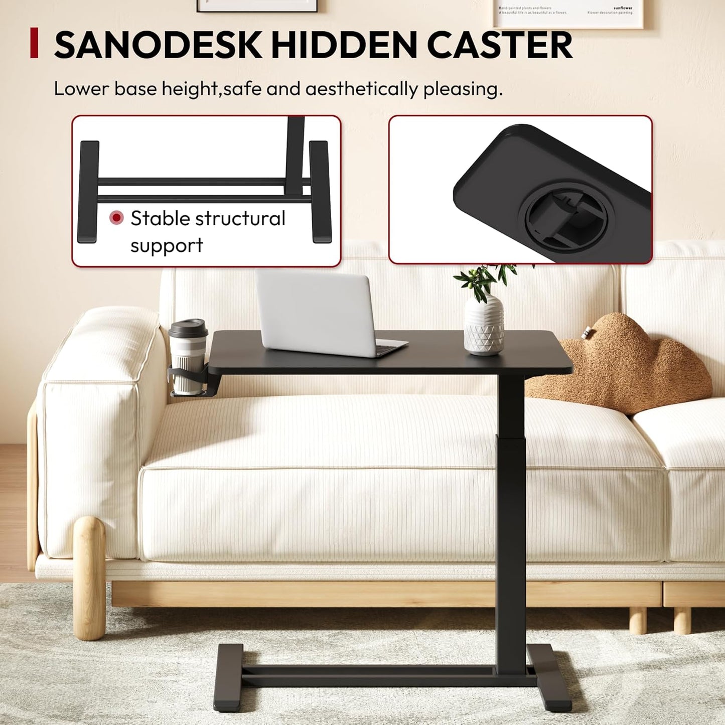 SANODESK Mobile Standing Desk with Hidden Wheels,Pneumatic Laptop Desk Rolling Computer Cart Movable Height Adjustable Small Sit Stand Desk for Home Office(31.5" W x 17.7" D, Black)